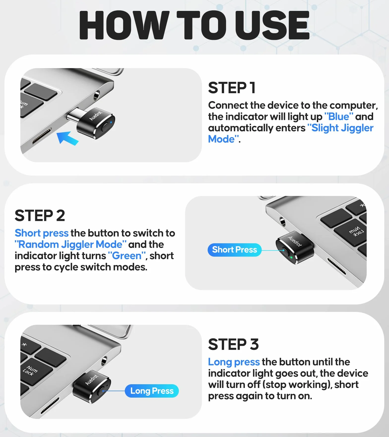 AUEDROT Symulator myszy USB-C niewykrywalny symulator myszy typu C z przyciskiem przełącznika, automatyczny Wiggler z 2 trybami Jiggle, Plug & Play, utrzymuje komputer / laptop w stanie przebudzenia