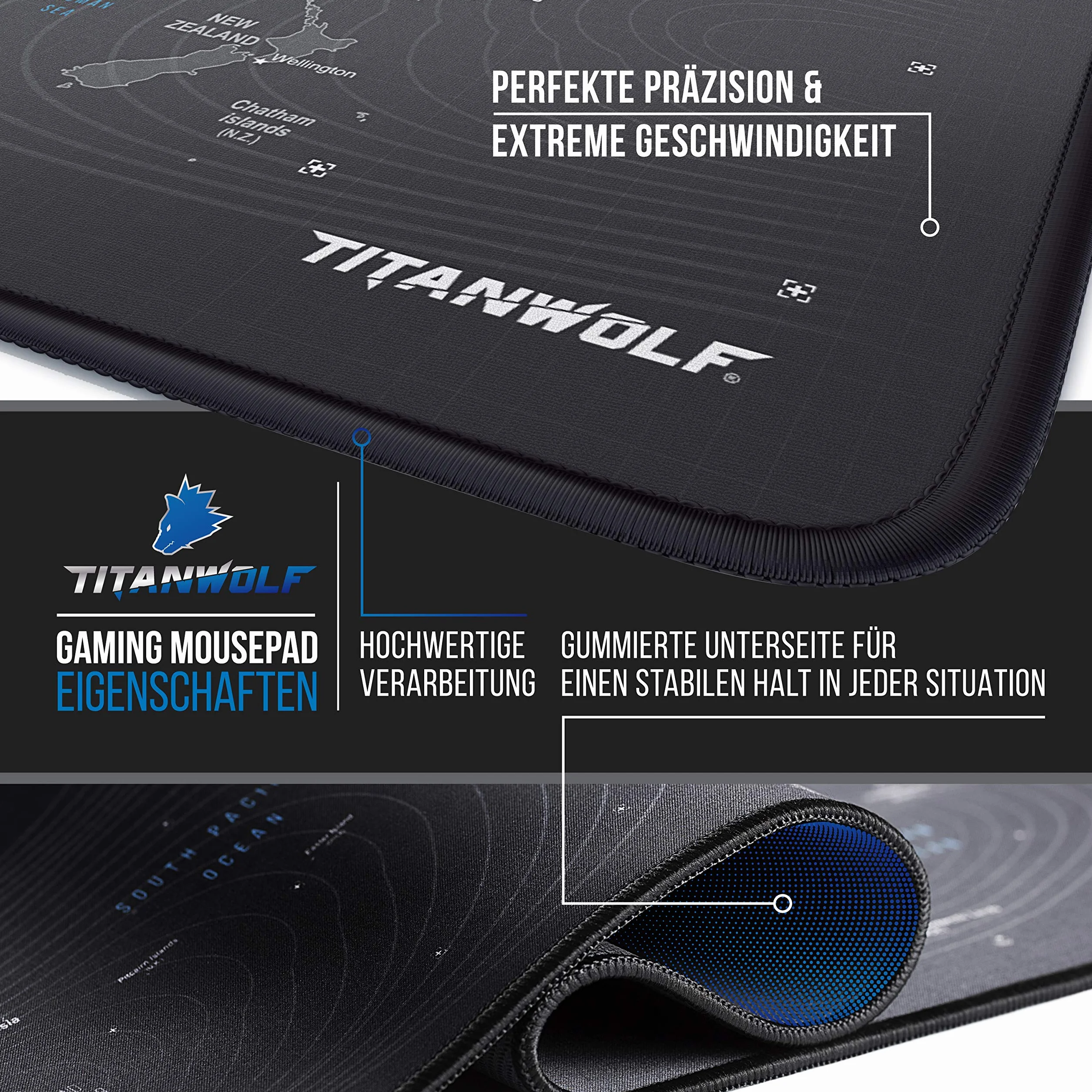 TITANWOLF XXL Speed Gamingowa podkładka pod mysz – 900 x 400 mm – podkładka pod mysz XXL, duży rozmiar, poprawia precyzję i prędkość – antypoślizgowa, designerska mapa świata z głową wilka