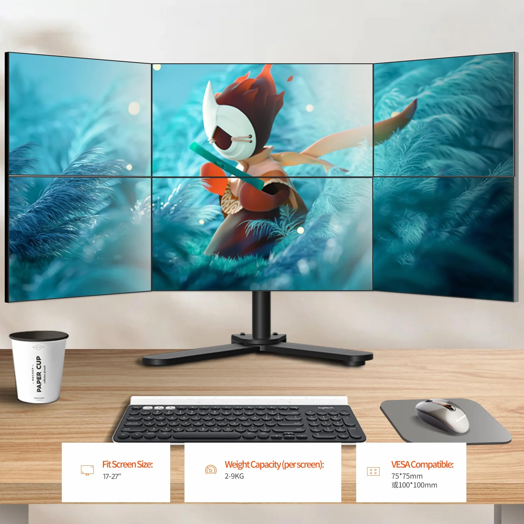 Uchwyt na ramię do monitora 6 monitorów o przekątnej ekranu 17-27", ergonomiczny, regulowany stojak stołowy, obracany o 360°, uchwyt na ekran, 2-9 kg na ekran, uchwyt monitora VESA 75/100 mm