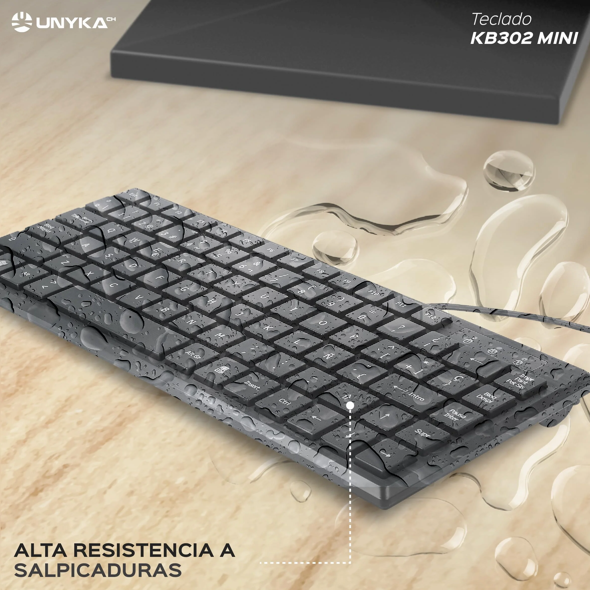 Unykach KB302 Mini Ultra płaska klawiatura - 83 klawisze, cicha membrana, uniwersalna, kompaktowa konstrukcja, matowa czerń, złącze USB, układ QWERTY hiszpański