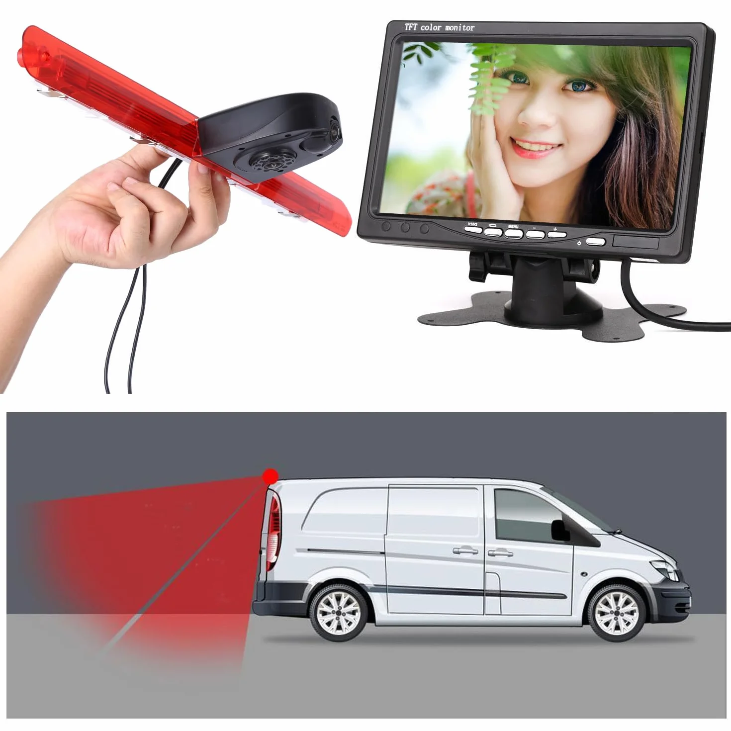 Podwójna kamera cofania z wyświetlaczem LCD 7", podwójna kamera cofania, światło hamowania, kamera cofania do Mercedesa Benz Vito Tourer Mixto Panel Van - klasa Rise Edition V- klasa V- klasa V260L