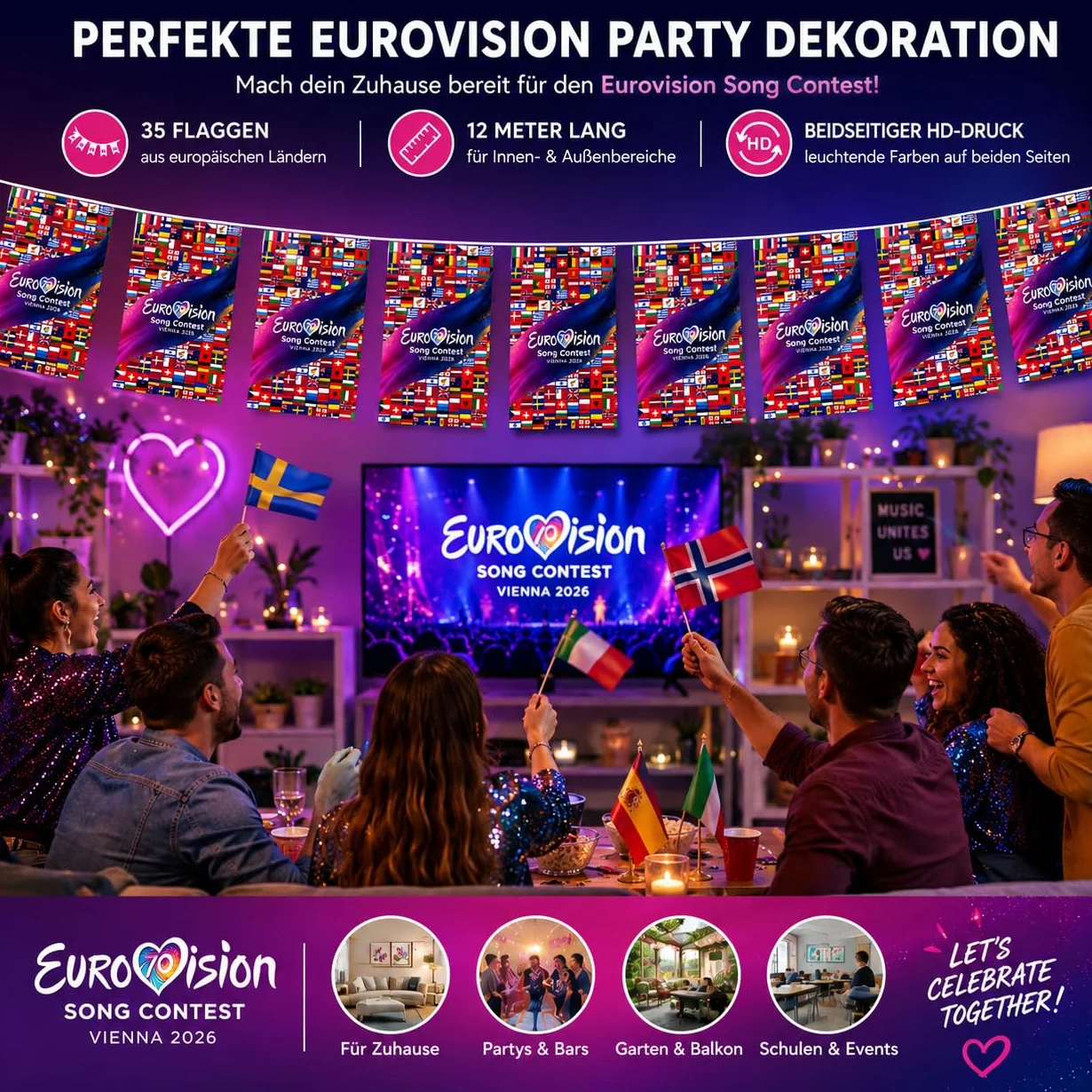 Eurovision 2026 łańcuch chorągiewek z flagą 35 narodowych flag HD dekoracja
