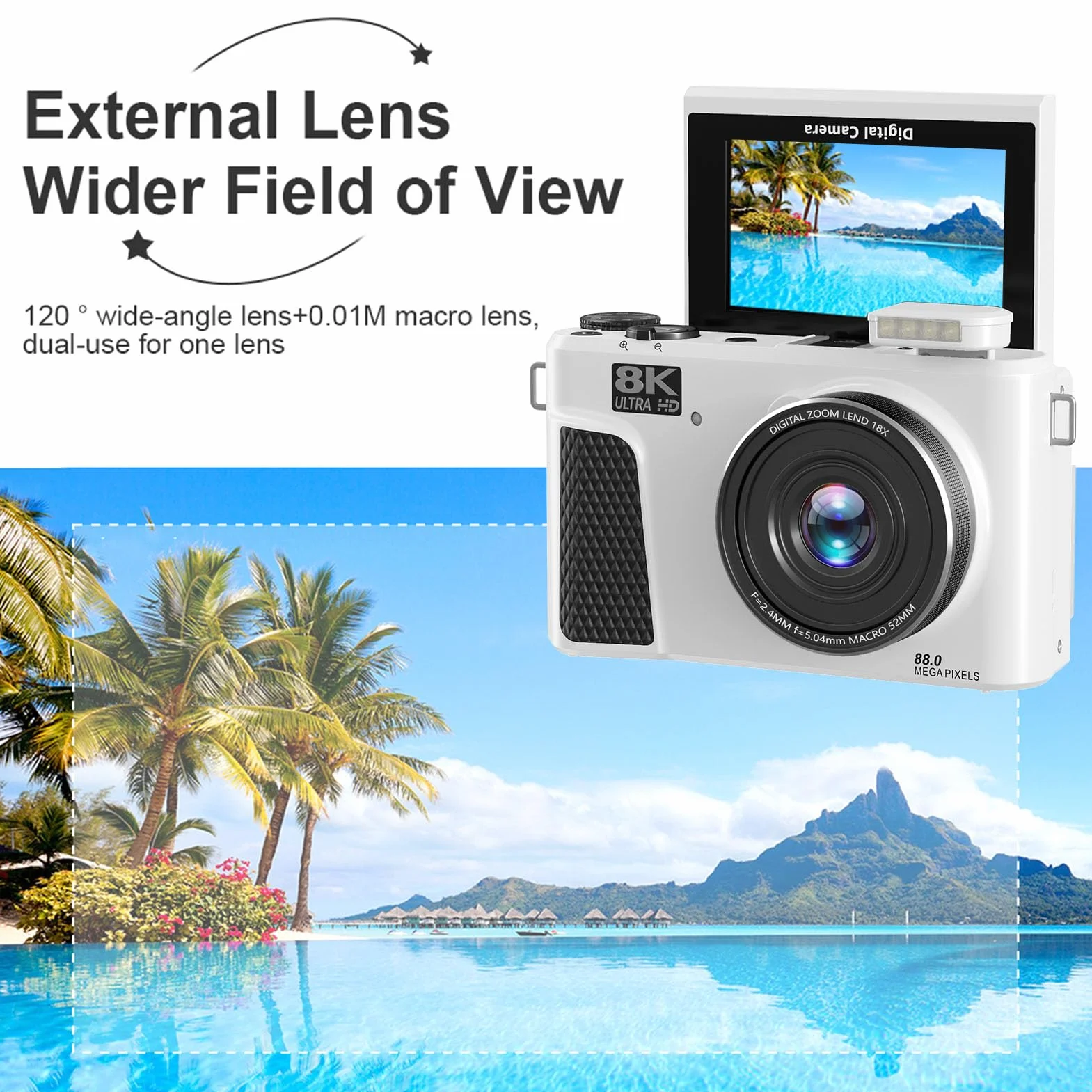 Goshyda Aparat Cyfrowy 8K, Aparat UHD 88MP z kontrolą Wi -Fi, 18 -krotny Aparat Zoomu do Vlogowania z Ekranem 3 Cali 180 °, Autofokus do Wideo na żywo (WHITE)