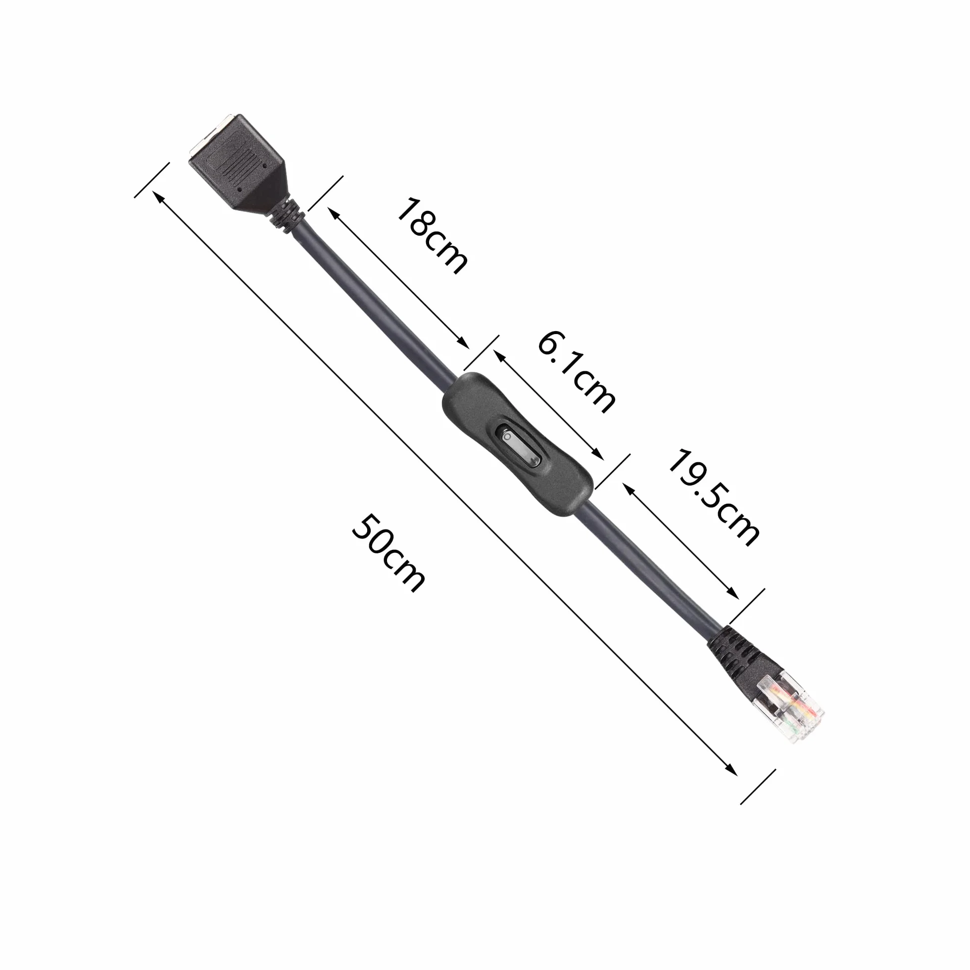 RJ12 Przewód telefoniczny włącznik/wyłącznik, wtyczka 6P6C, wtyczka do gniazda, telefon stacjonarny, kabel telefoniczny z odłącznikiem, czarny, 50 cm