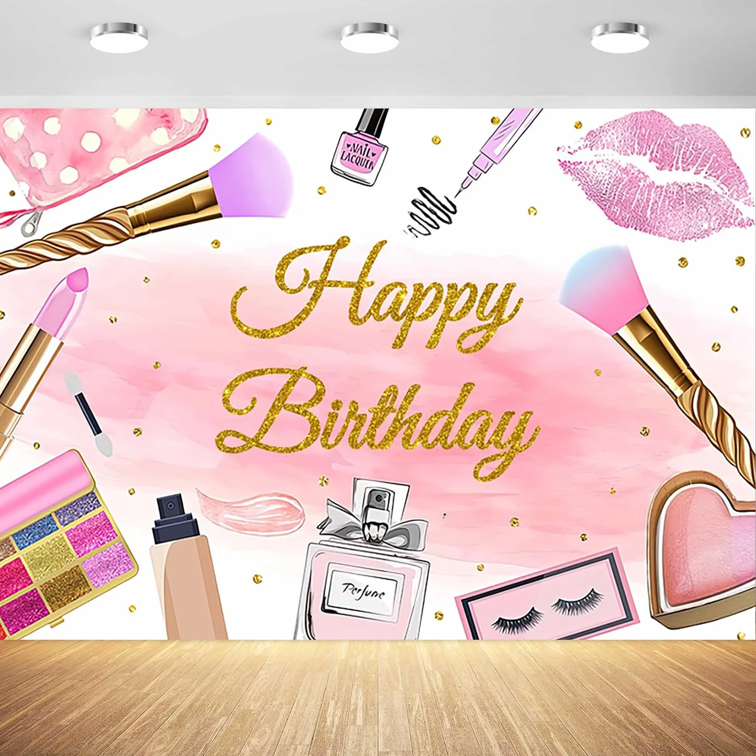 Spa 'Happy Birthday' tło dla dziewcząt różowe kosmetyki tło fotograficzne urodziny makijaż impreza tematyczna słodkie 16. materiały dekoracyjne rekwizyty do fotobudki