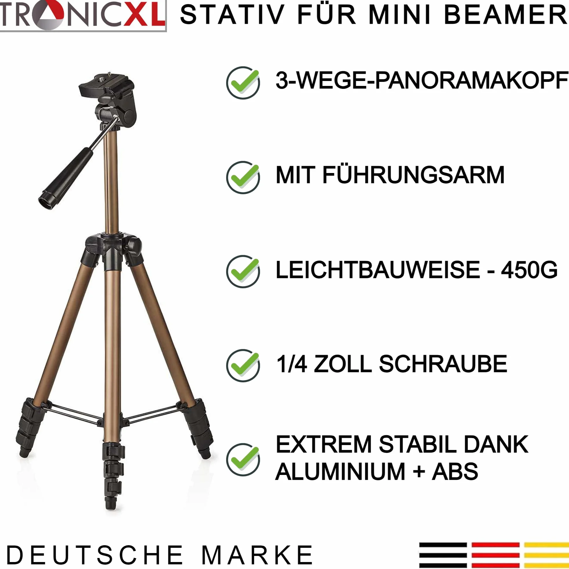 TronicXL Tripod19P - Statyw do projektora 1/4" - kompatybilny z Philips, BenQ, Asus, Acer, Epson, Sony, Panasonic, WiMiUS, TOUMEI, Merisny, QKK, OTHA, Android, Aiptek