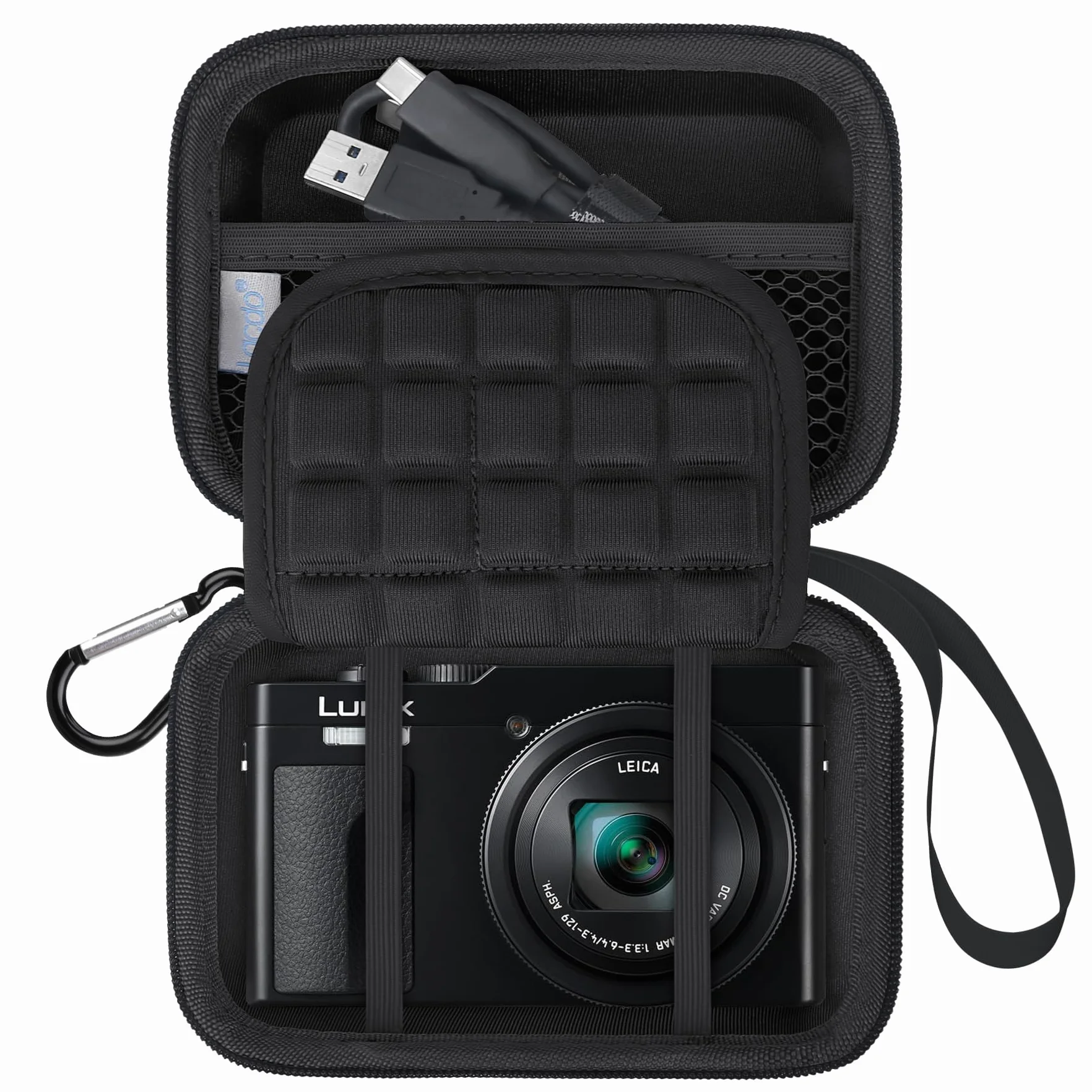 Lacdo Futerał na aparat fotograficzny dla Panasonic LUMIX ZS99/LX10/ZS80/ZS100/ZS70/ZS200/ZS60 Aparat cyfrowy typu point-and-shoot, Torba na aparat Ochronny, Pasuje na Baterie, Kabel, Czarny+Czarny