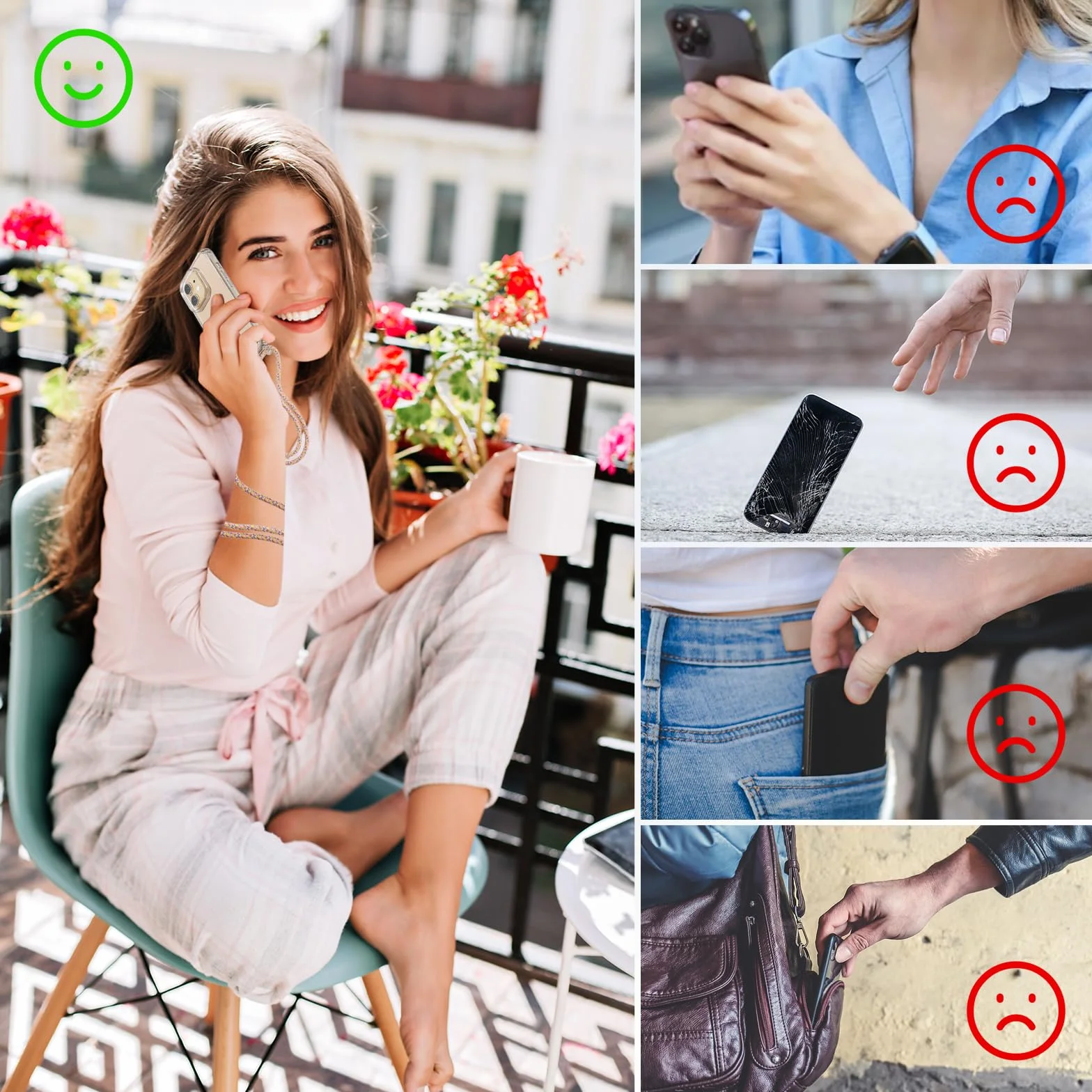 [5 w 1] 1 x zestaw ze smyczką na telefon komórkowy iPhone 12 Mini, etui z paskiem + 1 x przezroczyste etui ochronne + 2 x folia ochronna + 1 x szkło chroniące aparat fotograficzny, zdejmowany