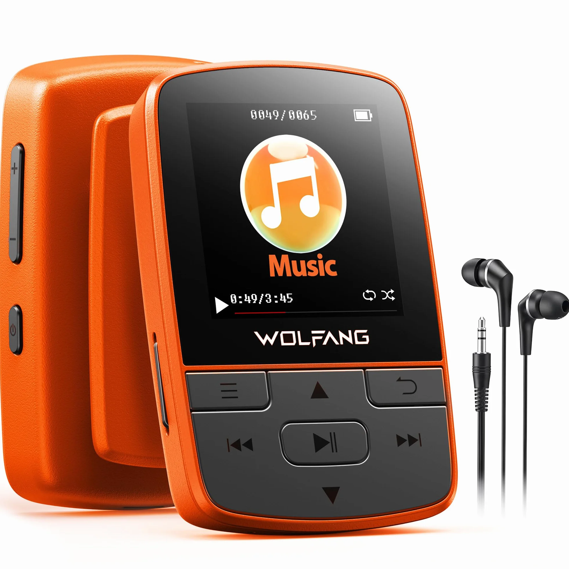 WOLFANG Odtwarzacze MP3 z Bluetooth 5.2, klips sportowy, mini rozmiar, waga 28 g, radio FM HiF, dyktafon, słuchawki w zestawie, pomarańczowe