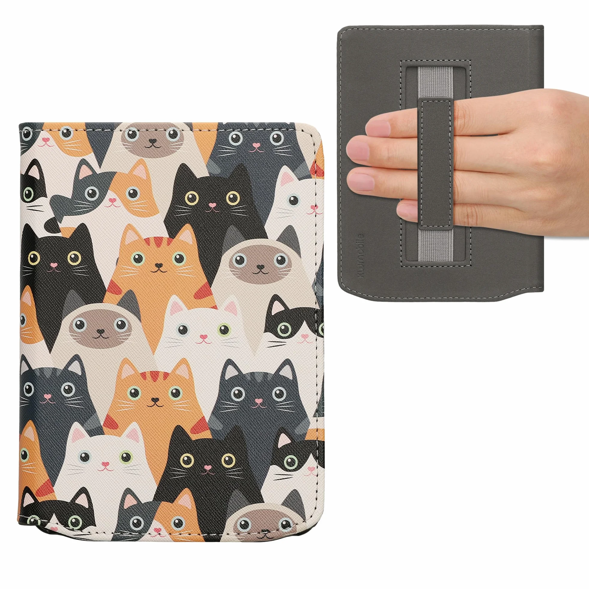 kwmobile Etui Kompatybilne z Pocketbook Verse/Verse Pro/Verse Color/Vivlio Light/Light HD - Etui PU z paskiem - Koty Pomarańczowe/Czarne/Białe