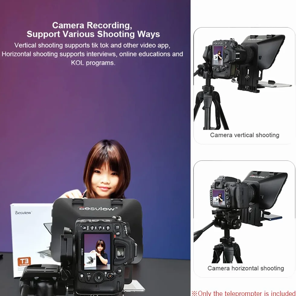 Bestview T3 ulepszony teleprompter do smartfonów/tabletów/lustrzanek cyfrowych z obiektywem zdalnego sterowania, pierścień adaptera, obsługuje ultraszerokokątny obiektyw do strumieniowania na żywo na scenie