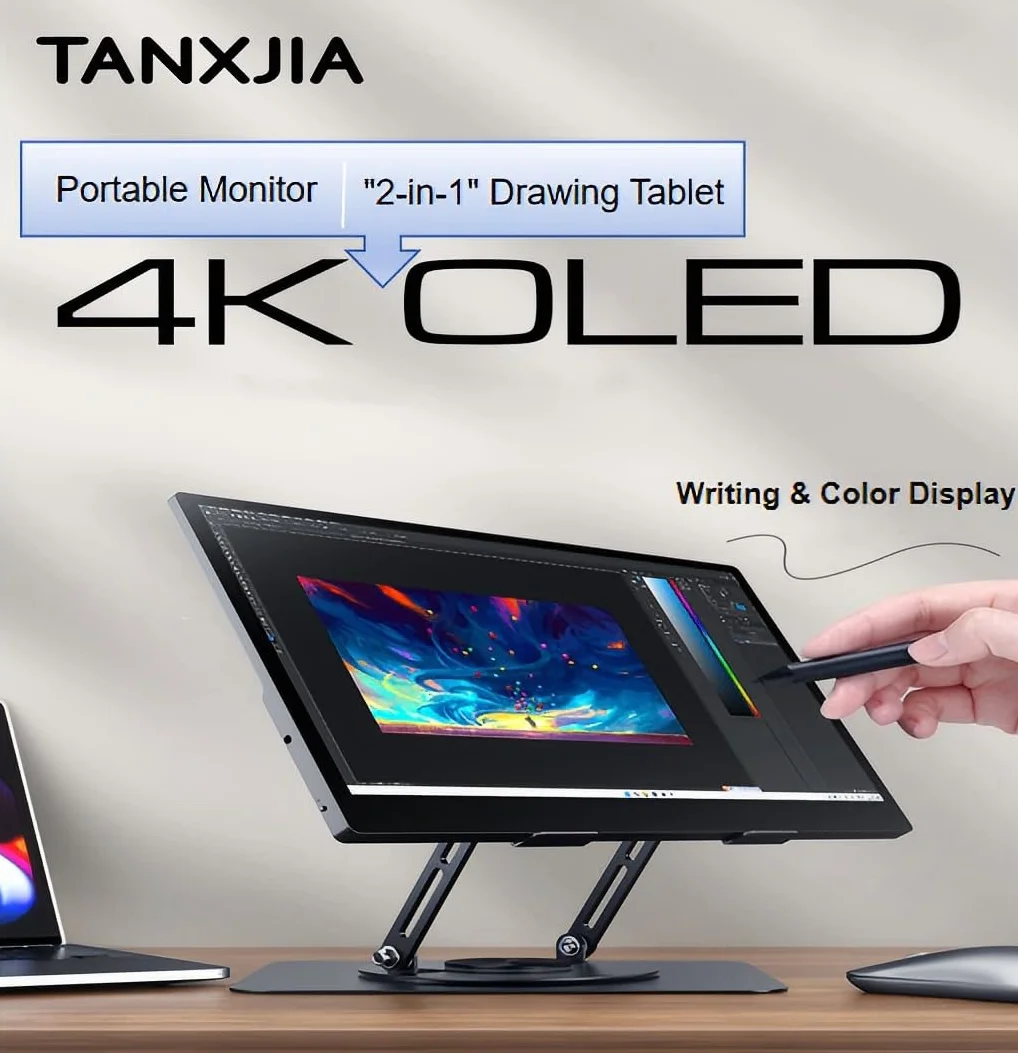 Pro Przenośny monitor z ekranem dotykowym 4K OLED 39.6 cm, 100% AdobeRGB, ΔE<2, metalowy obrotowy stojak, składana inteligentna obudowa i rysik, bardzo dokładny kolor do fotografii, edycji