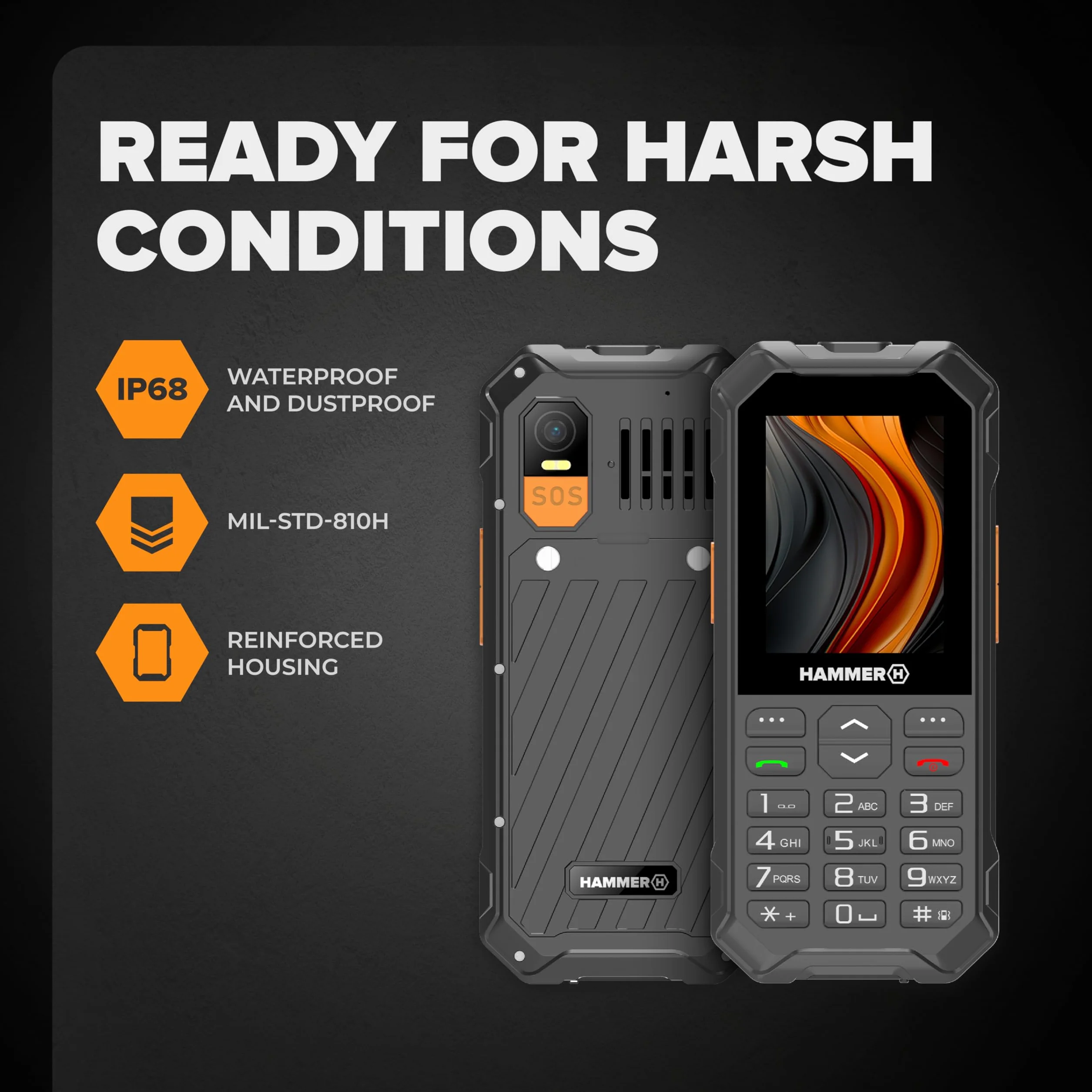 Telefon klawiszowy Hammer 6 LTE, duża bateria 2500 mAh do 7 dni czuwania, latarka i przycisk SOS, technologia Volte, podświetlane przyciski, test upadku IP68 1,5 metra, ekran 2,4 cala, bez umowy