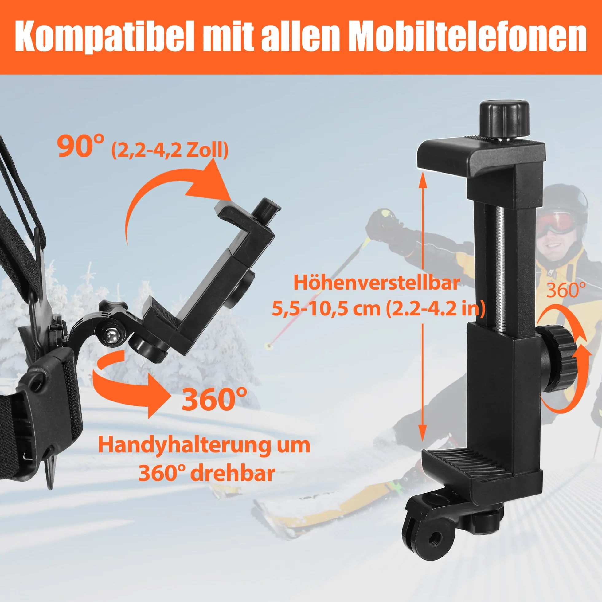 Uchwyt na pas piersiowy do GoPro & Action Cam akcesoria – regulowany pas piersiowy z uchwytem na telefon komórkowy, kompatybilny z GoPro Hero, DJI Osmo Action 5, Akaso, APEXCAM, Android, iPhone