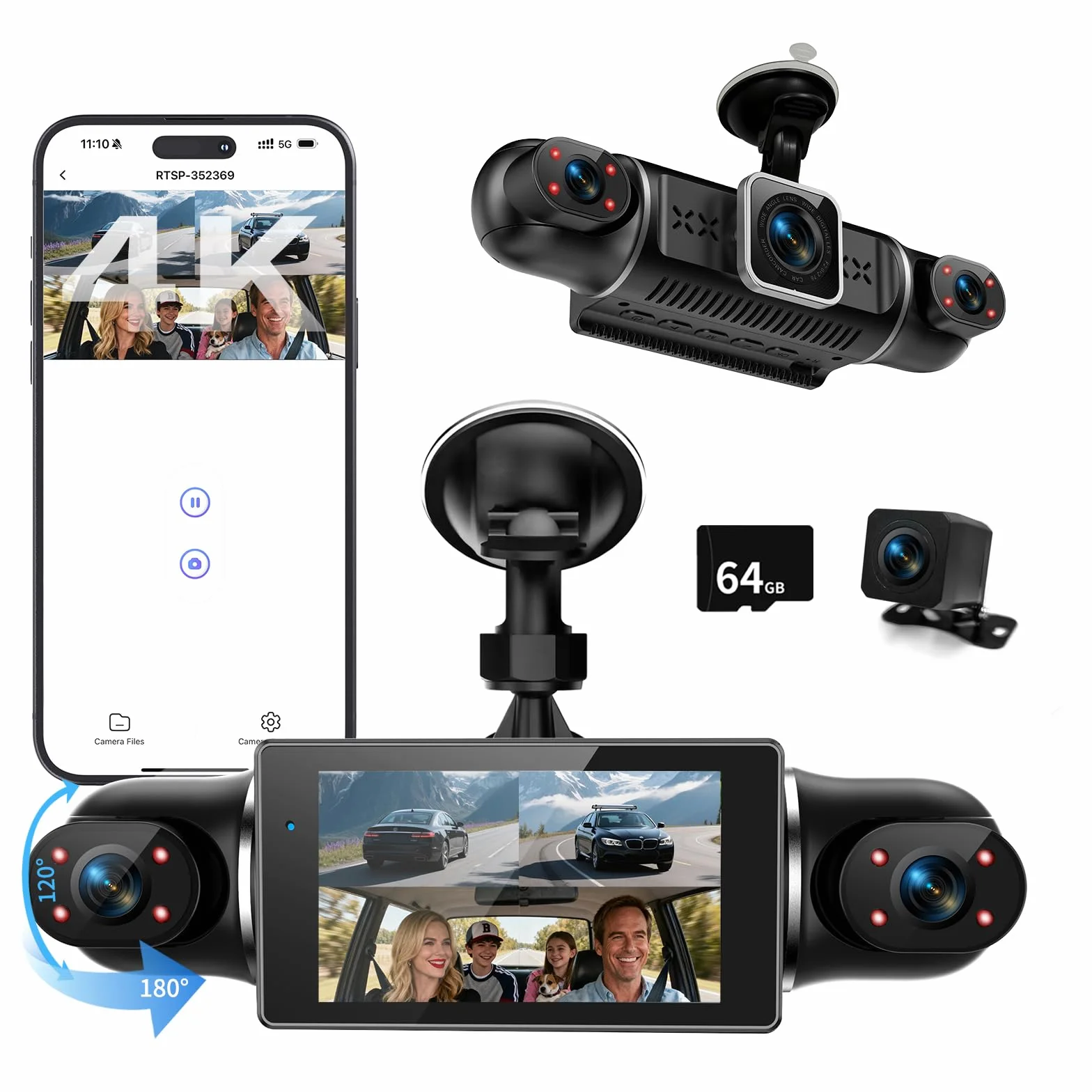 Kamera samochodowa 360° z przodu, z tyłu, 4-kanałowa kamera samochodowa FHD 4K + 1080Px3, bezpłatna karta SD 64 GB, szeroki kąt widzenia 4 x 140°, widoczność w nocy WDR (8 diod IR), czujnik G