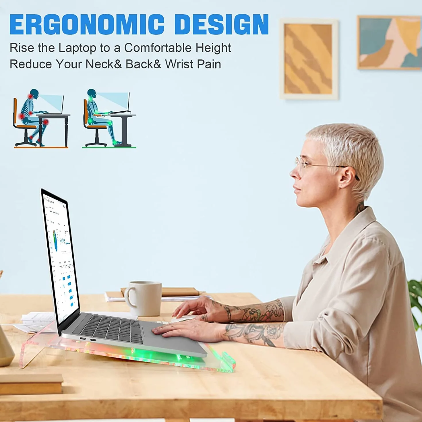 MAMBASNAKE Podpórka na laptopa na biurko, przezroczysty akrylowy stojak na laptopa, ergonomiczny stojak na komputer do laptopa, wentylowany uchwyt na notebooka, podświetlenie 366 RGB, kompatybilny z iPadem MacBookiem, od 10 do 17,3 cala, do pracy lub domu