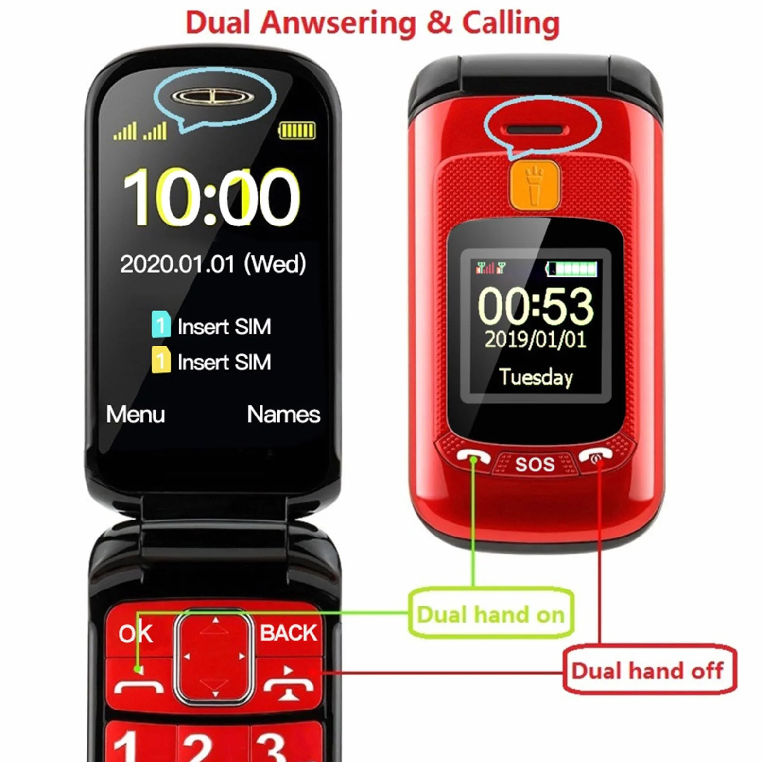2,4-Calowy Duży Ekran Telefonu Komórkowego Klapką, Duża Czcionka Telefon Komórkowy Osób Starszych Podwójna Karta SIM Podwójny Tryb Gotowości+Funkcja SOS+Duże Przyciski Czysty Dźwięk,Red