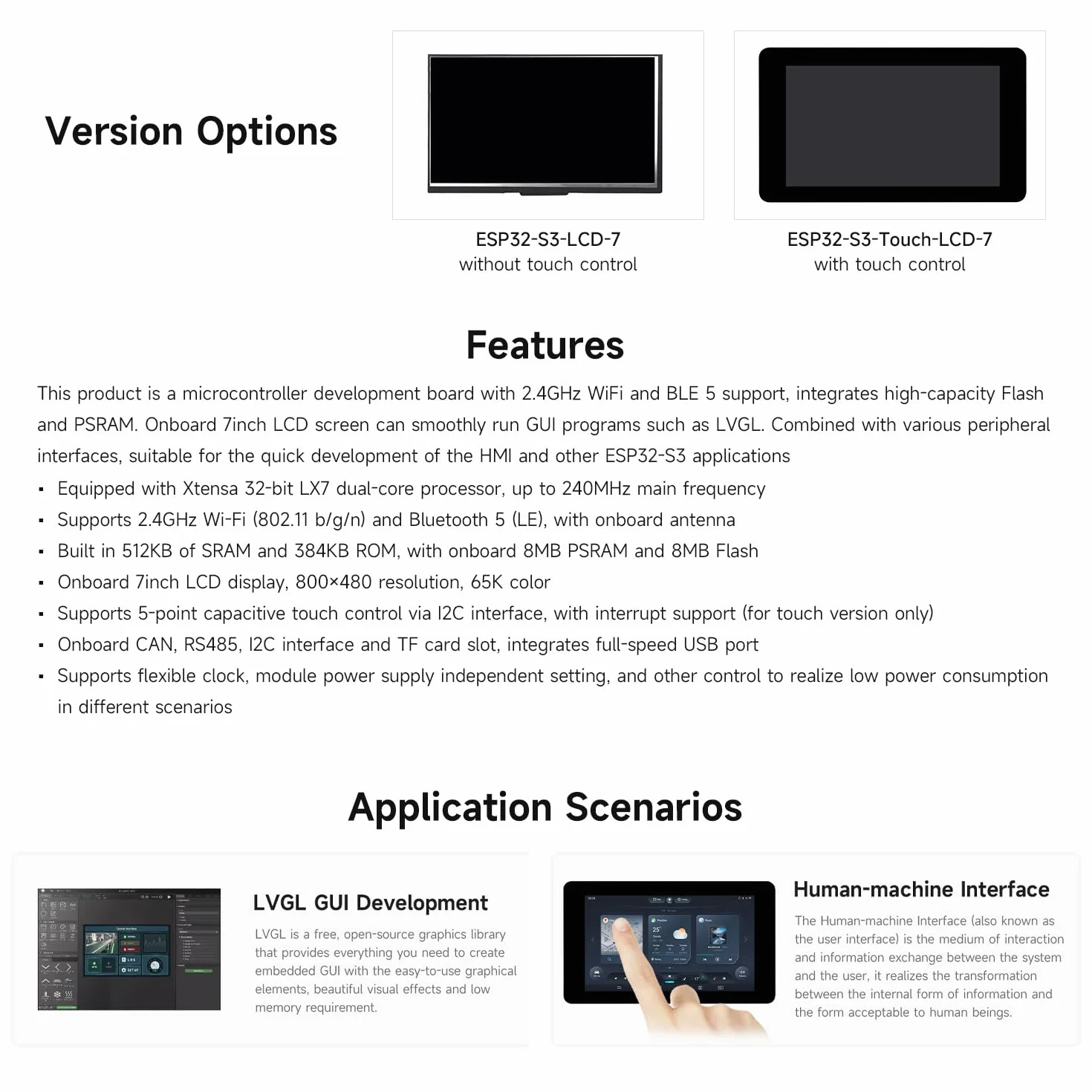 Waveshare ESP32-S3 7inch Capacitive Touch LCD Development Board, ESP32 with Display, 800x480, 5-Point Touch, 240MHz, Supports WiFi, Onboard Antenna, Suitable for ESPHome/Home Assistant Project