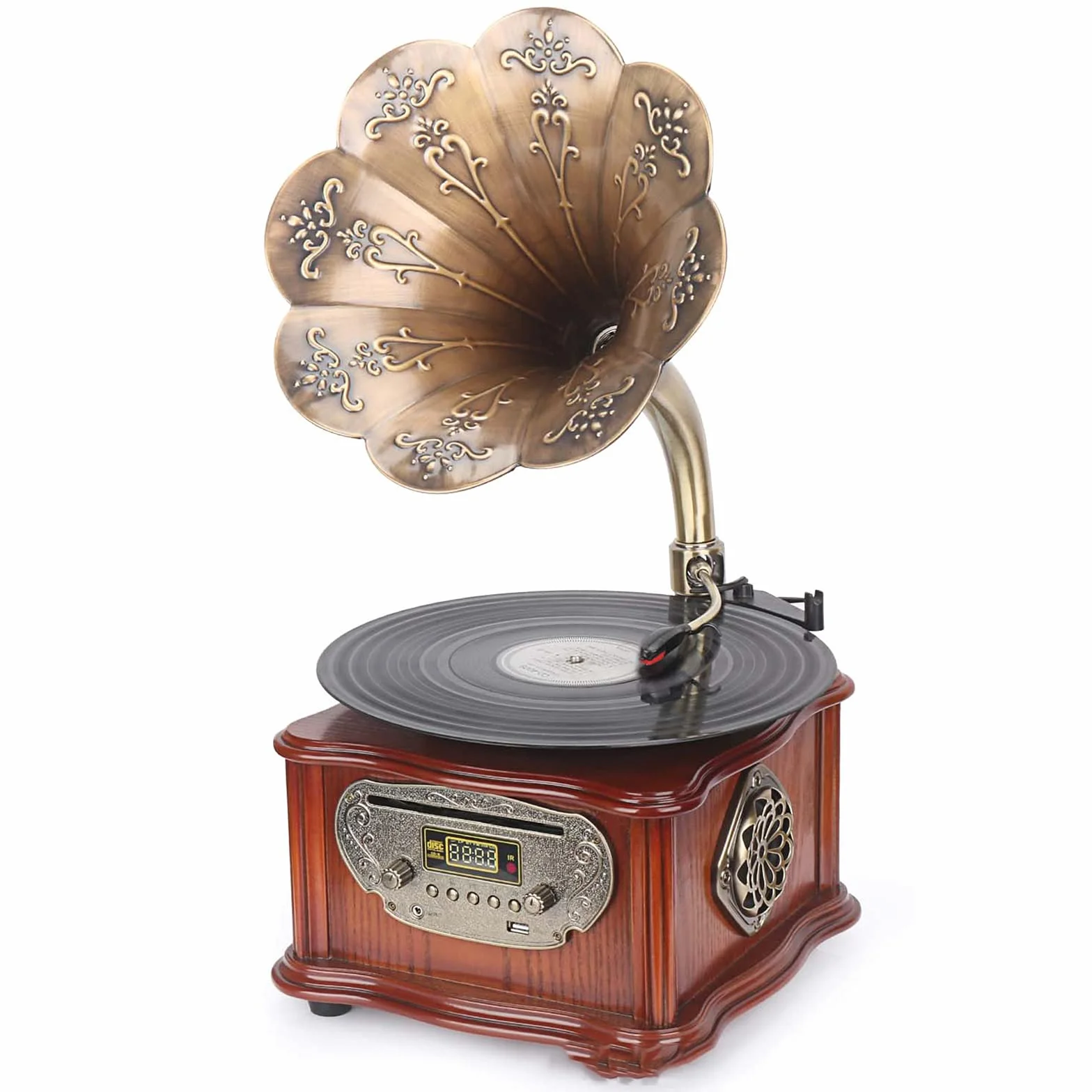 Vintage gramofon - Bluetooth, USB, radio FM, miedziany róg do odtwarzania płyt LP