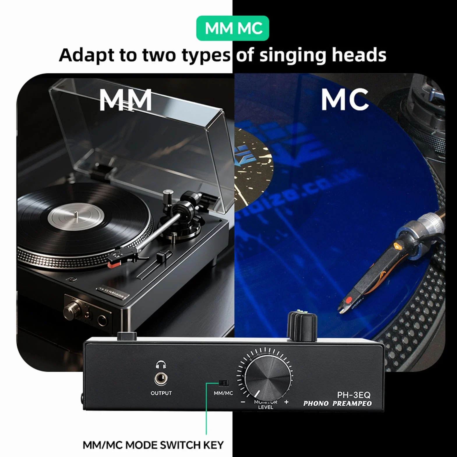 POENVFPO Phono Preamp, Przedwzmacniacz Fonografu Mini Stereo dla Odtwarzacza Rekordu Gramofonu, dla Przełączania Trybu MM/MC (wtyczka UE)