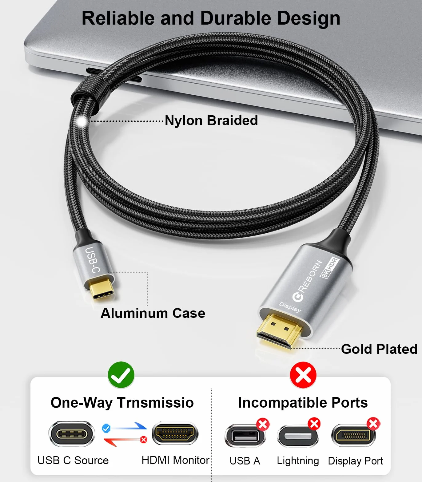 Reborn Kabel USB C na HDMI 2.1 [8K przy 60 Hz, 4K przy 144 Hz, 2K przy 240 Hz] 6FT typ C do HDMI 8K przewód obsługuje 48 Gb/s, HDCP2.3 / HDR [kompatybilny z Thunderbolt 3/4] do MacBooka, iPada Pro