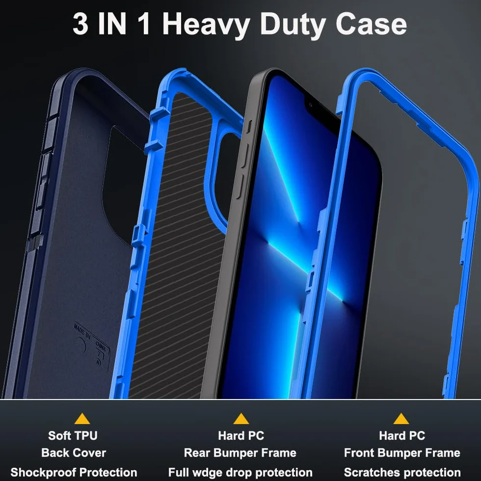 Etui do iPhone'a 13 Pro z 2 szt. ochraniaczy ekranu ze szkła hartowanego i 1 szt. ochraniaczy obiektywu aparatu, klasa wojskowa 3 w 1, wytrzymałe, odporne na wstrząsy, upadki, kurz (granatowe
