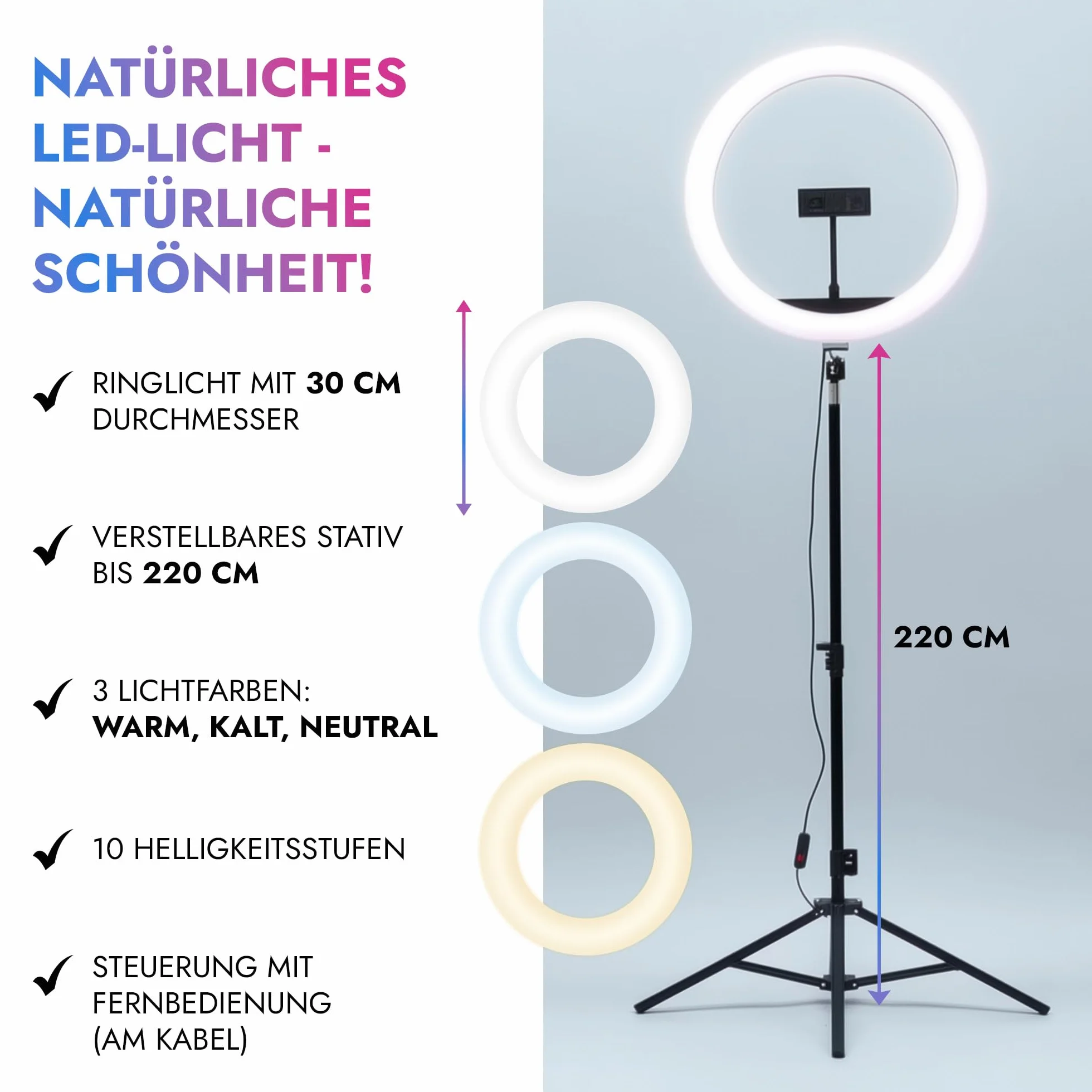 Lampa pierścieniowa LED 80W, Uchwyt na telefon, ze Statywem 220 cm, Selfie, Kosmetyczna,3 barwy świecenia,