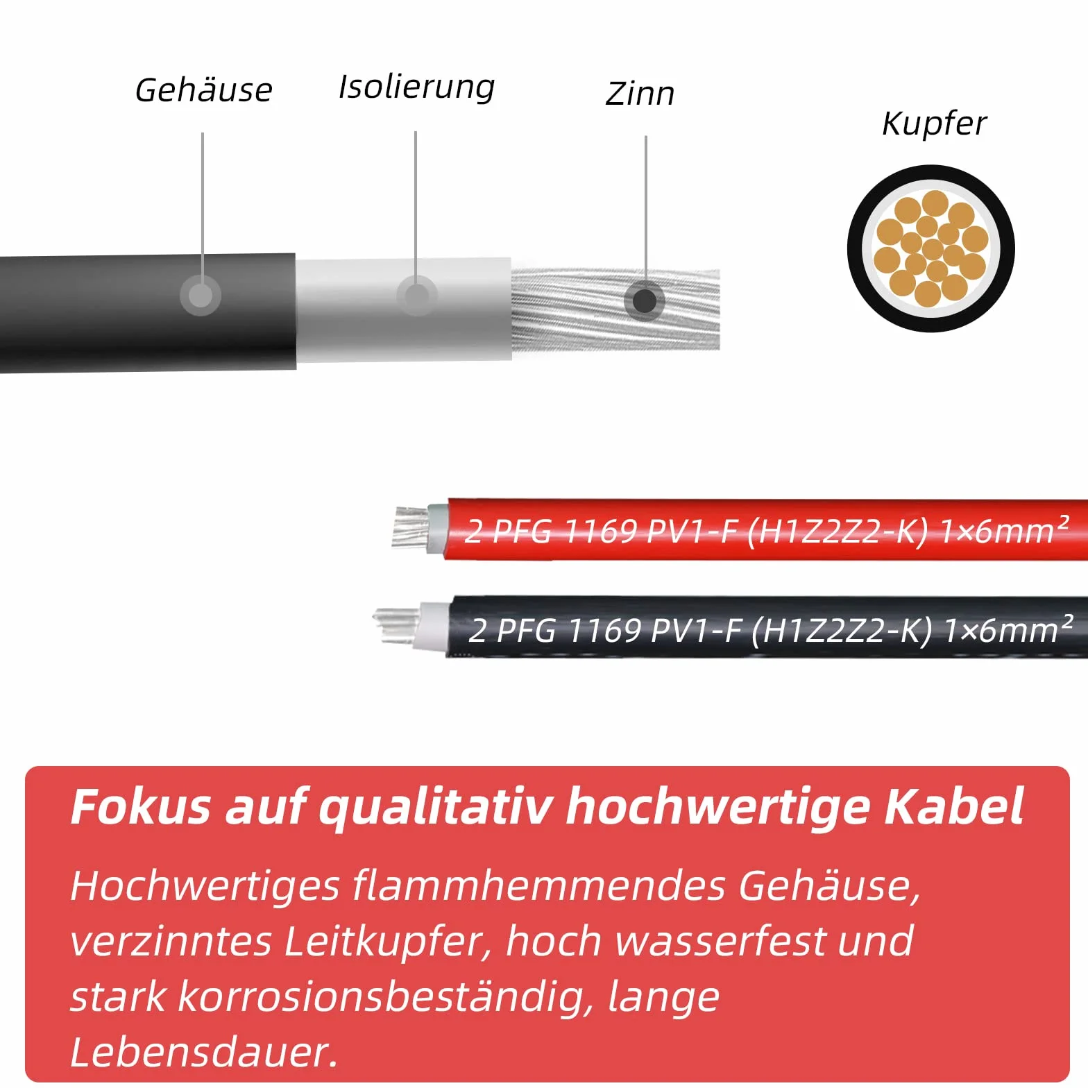 Profesjonalny kabel połączeniowy, przedłużacz (6 mm²/4 mm²), czerwone i czarne linie, kabel solarny wraz z zamontowaną wtyczką solarną po obu stronach (6 mm²-10 m)