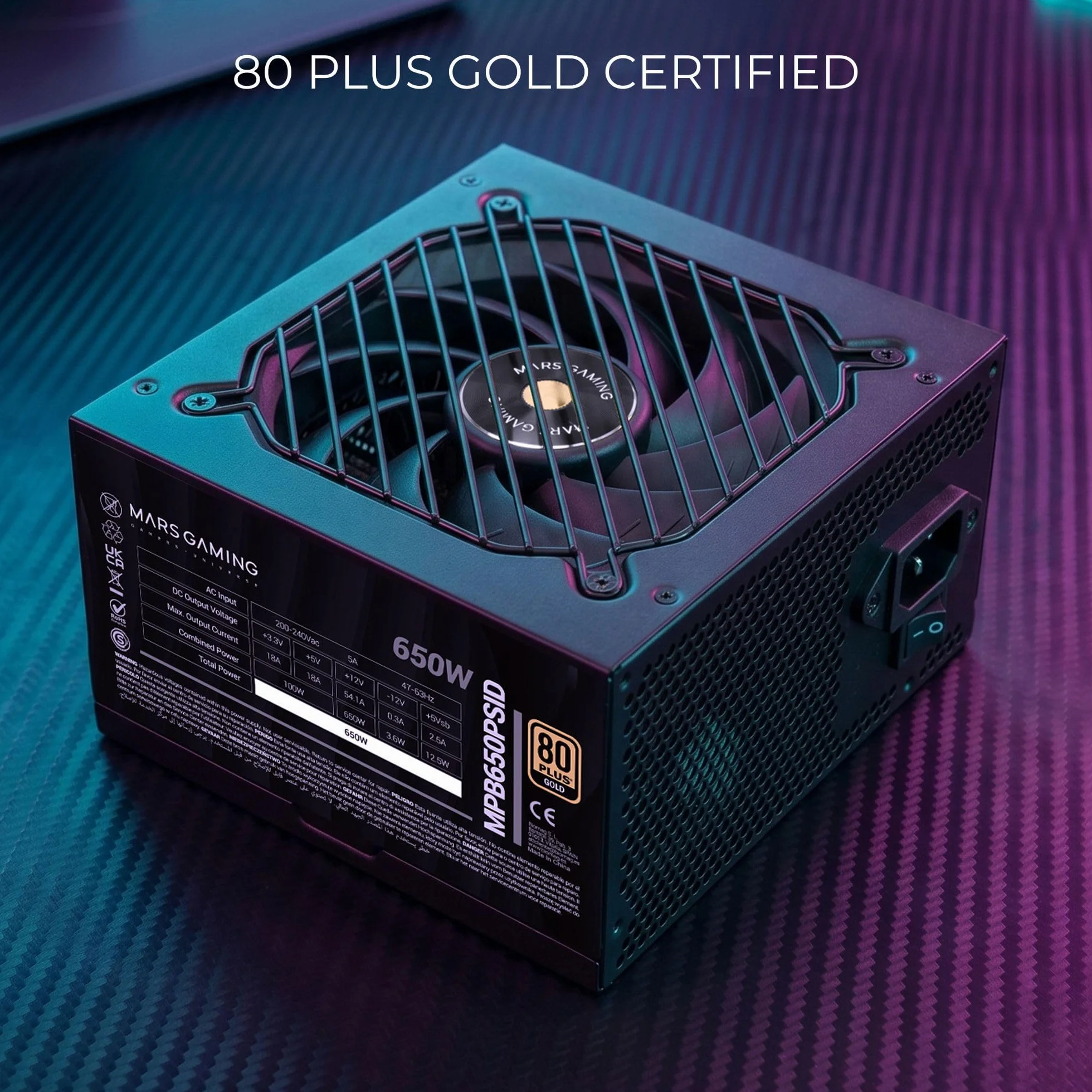 Mars Gaming MPB650PSID, Zasilacz Komputerowy 650W, 10 Lat Gwarancji, 80Plus Gold 90%, Wentylator SI Extreme Silence, Technologie AI2-RPM, DC-DC i SMD, Złącza ATX 3.1 i PCIe 5.1, Czarny