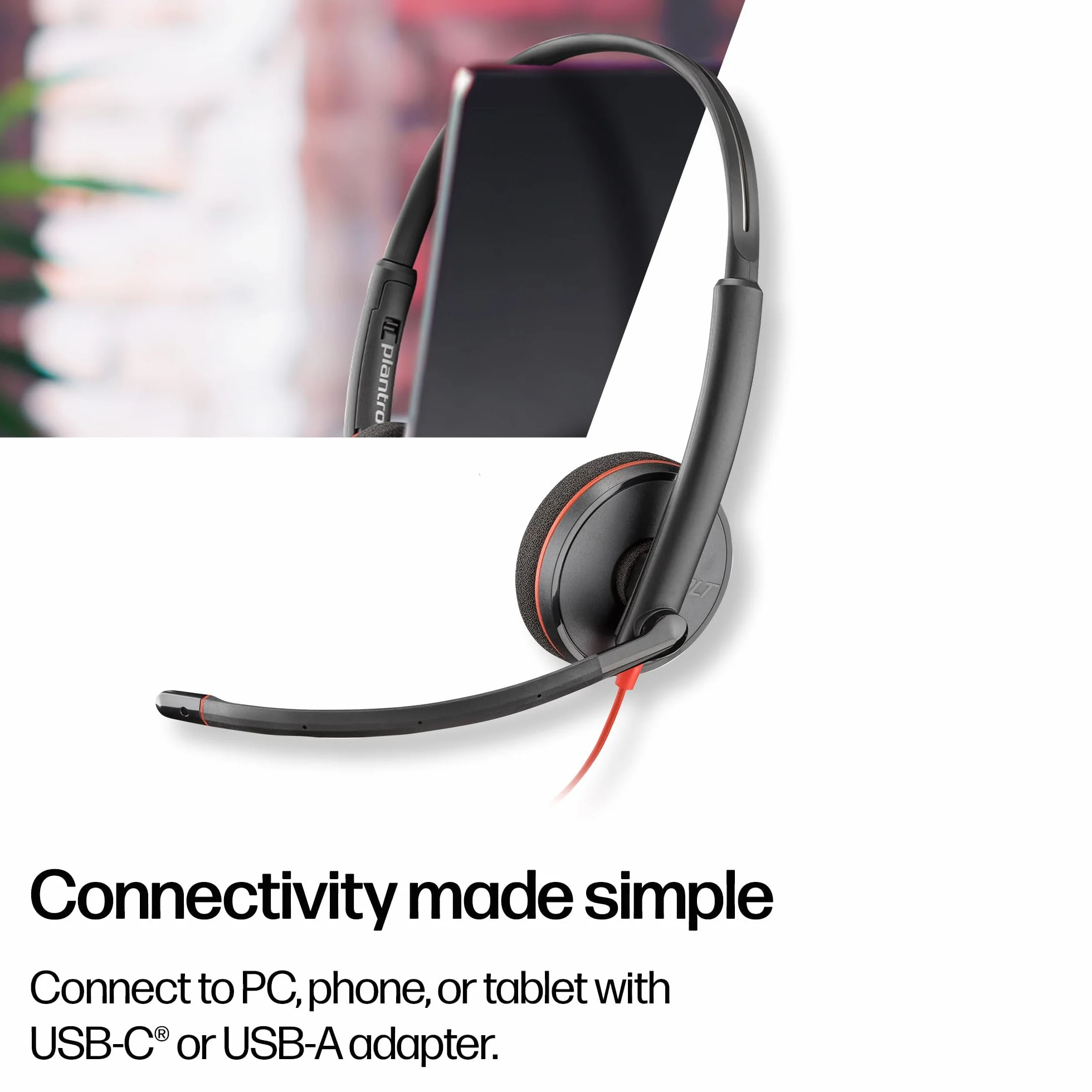 Poly Blackwire 3220 przewodowy zestaw słuchawkowy - mikrofon z redukcją szumów - konstrukcja stereo - podłączenie do PC/Mac przez USB-C lub USB-A - działa z zespołami, zoom