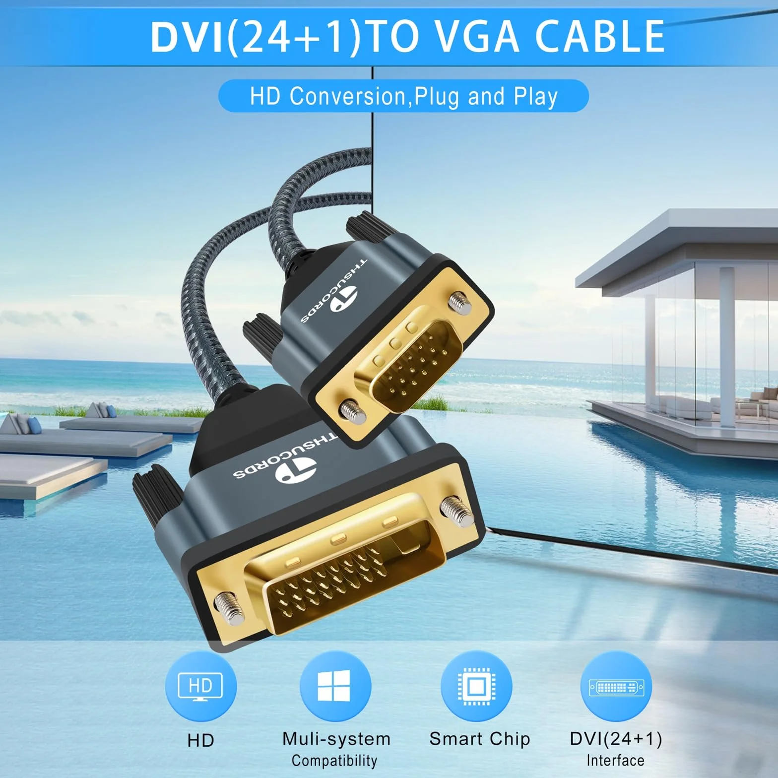 Thsucords Kabel DVI na VGA 1M, Jednokierunkowy Adapter DVI-D na VGA, Męski Pozłacany Pleciony Przewód,1080P Full HD do Telewizora HD, Komputera, Laptopa, Monitora, Projektora