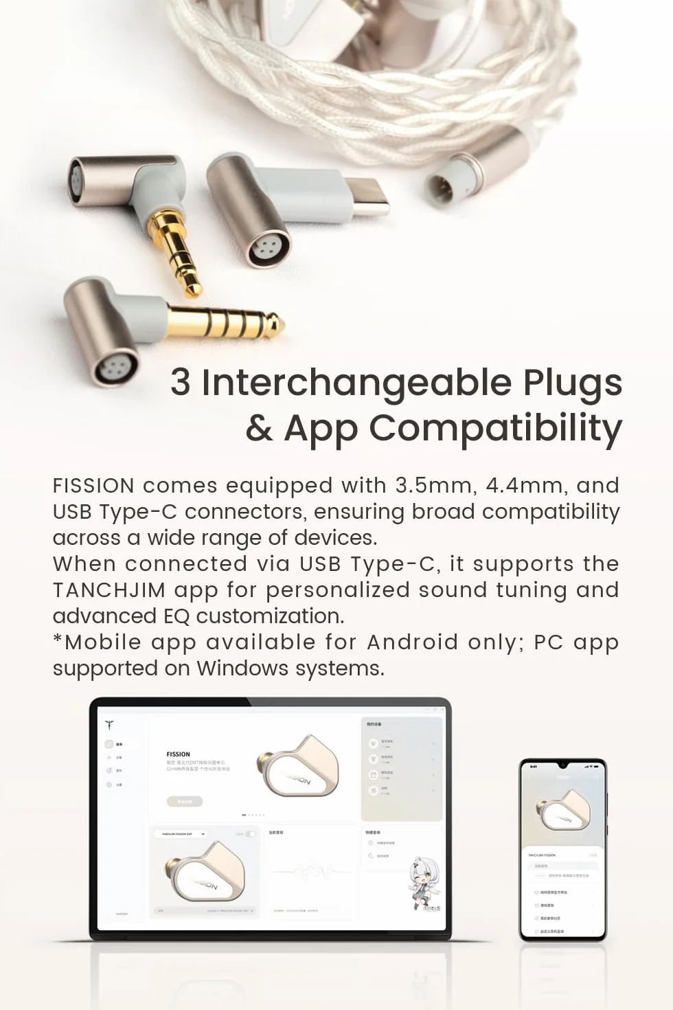 TANCHJIM FISSION Słuchawki Hi-Fi, 10mm DMT5 1DD IEM, filtr 4 poziomy i 3 dysze tuningowe, 2-pinowe słuchawki przewodowe srebrne, powłoka aluminiowa CNC - 3,5/4,4 mm/typ C