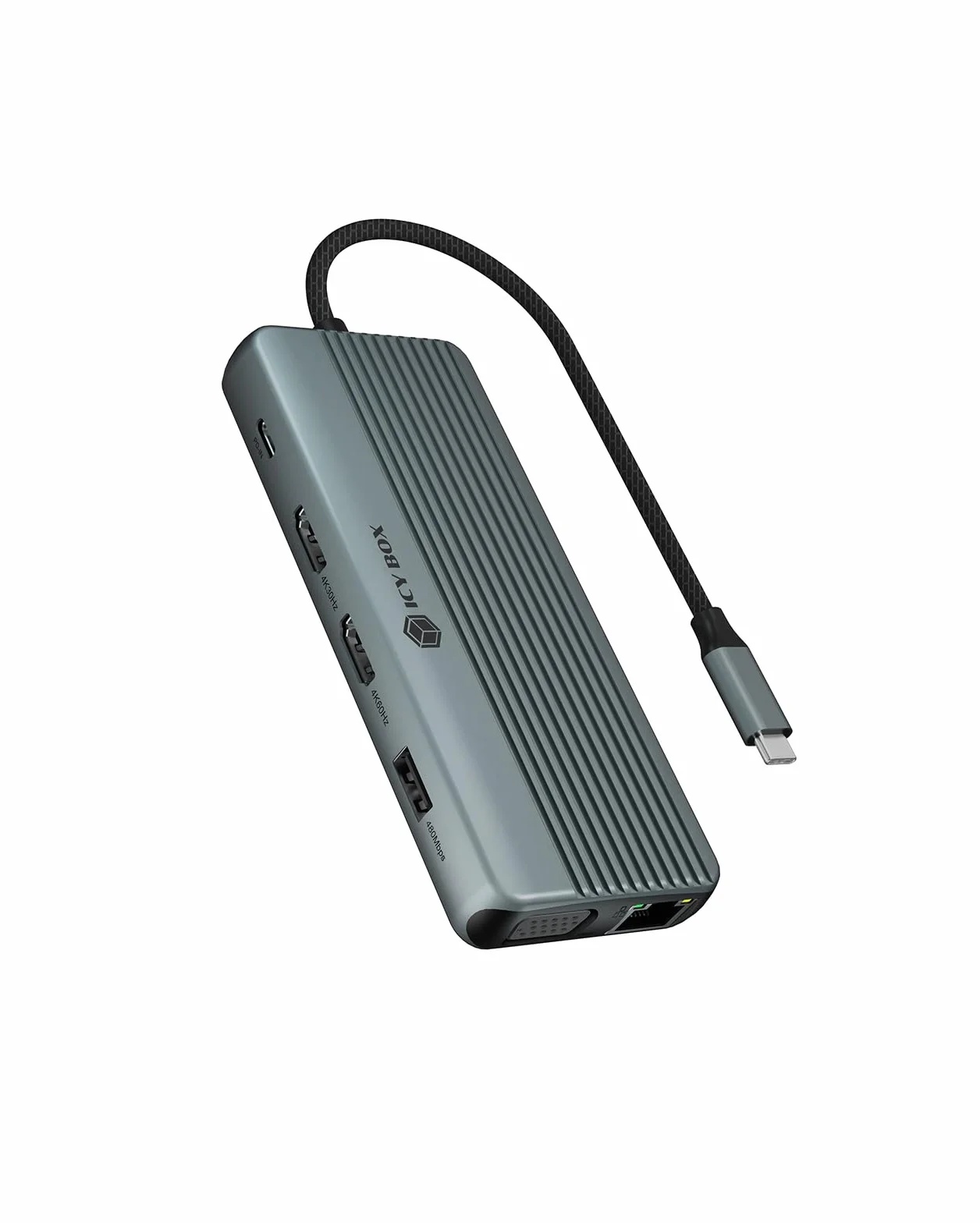 ICY BOX Stacja dokująca 12 w 1 z potrójnym wyjściem wideo (2 x HDMI, 1 x VGA, USB-C PD 100 W, Gigabit LAN, audio, czytnik kart SD/microSD, 2X USB-A 3.2, 2X USB-A 2.0, aluminium, 5 Gbit/s), IB-DK4062