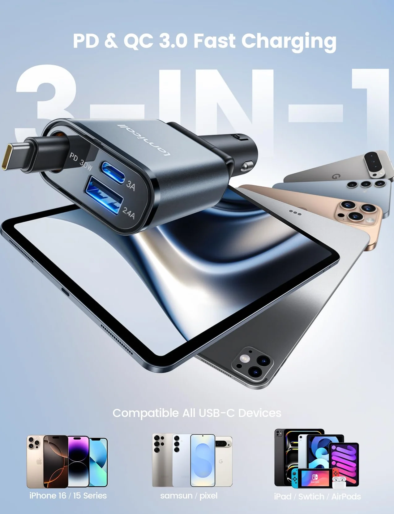 Lamicall Wysuwany adapter ładowarki samochodowej 50 W, 3 w 1 z wysuwanym kablem USB