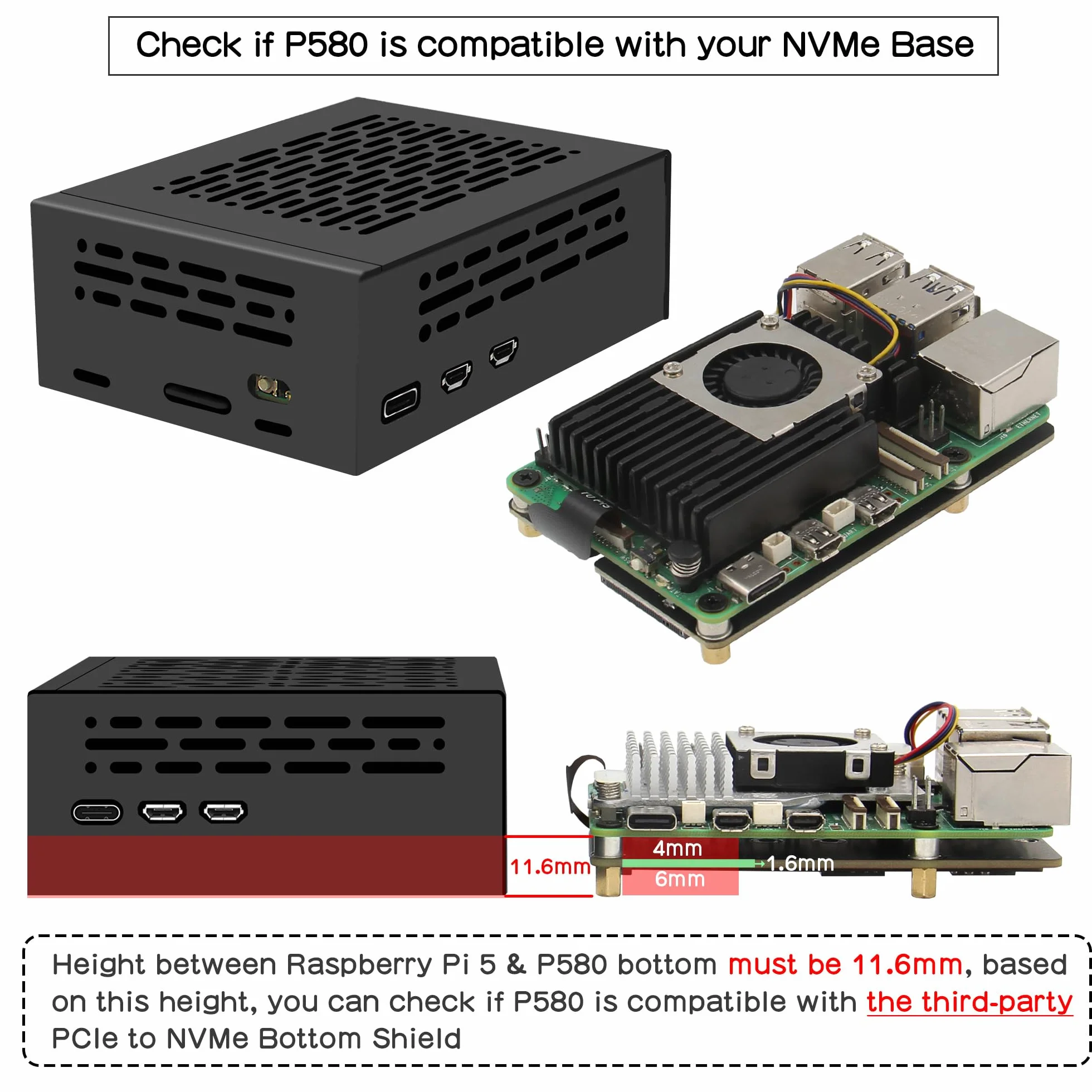Geekworm P580-V2 Case | Support Raspberry Pi 5 & X1005 / X1002 PCIe to M2 NVMe SSD Base & Active Cooler
