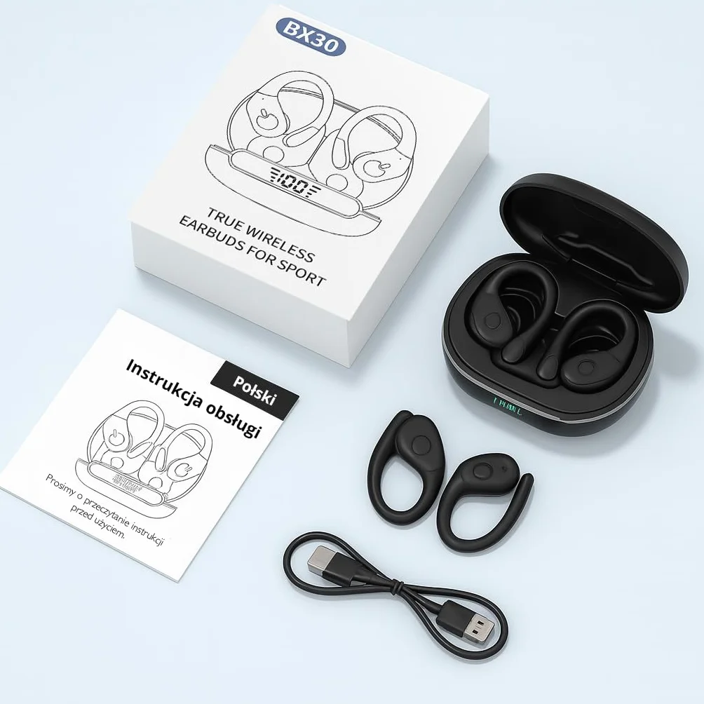 E1 Open Ear, słuchawki bezprzewodowe douszne z mikrofonem, Bluetooth, zaczepy, 54 godzin odtwarzania, szybkie ładowanie, wodoodporność IPX5, z etui, czarne
