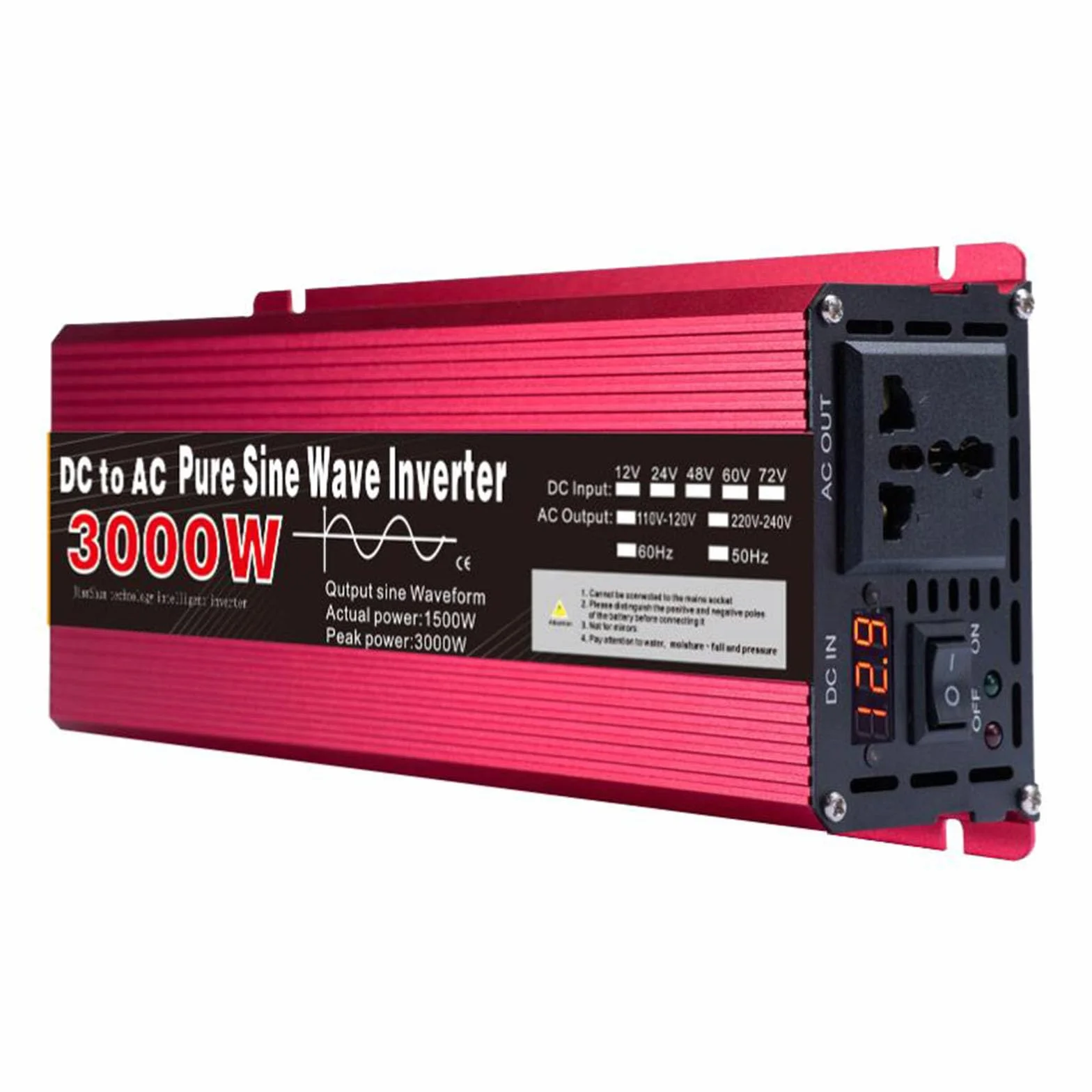 Przetwornica napięcia o mocy 3000 W z czystą falą sinusoidalną 12 V/24 V/48 V/60 V DC na 110 V/120 V do użytku w domu, samochodzie kempingowym i systemach solarnych