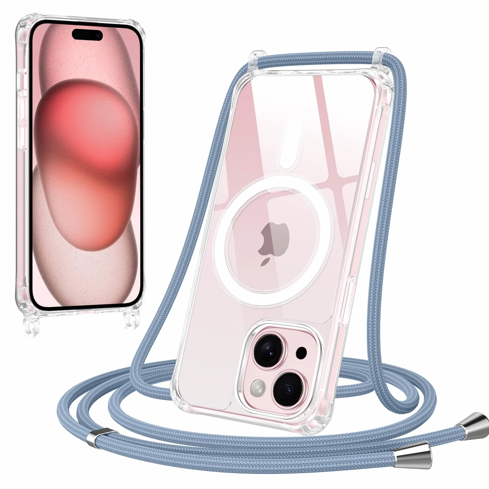 Etui magnetyczne do iPhone 15 ze sznurkiem, kompatybilne z MagSafe, przezroczyste etui z regulowaną smyczą, ultracienkie, miękkie, silikonowe TPU, odporne na wstrząsy etui do iPhone 15