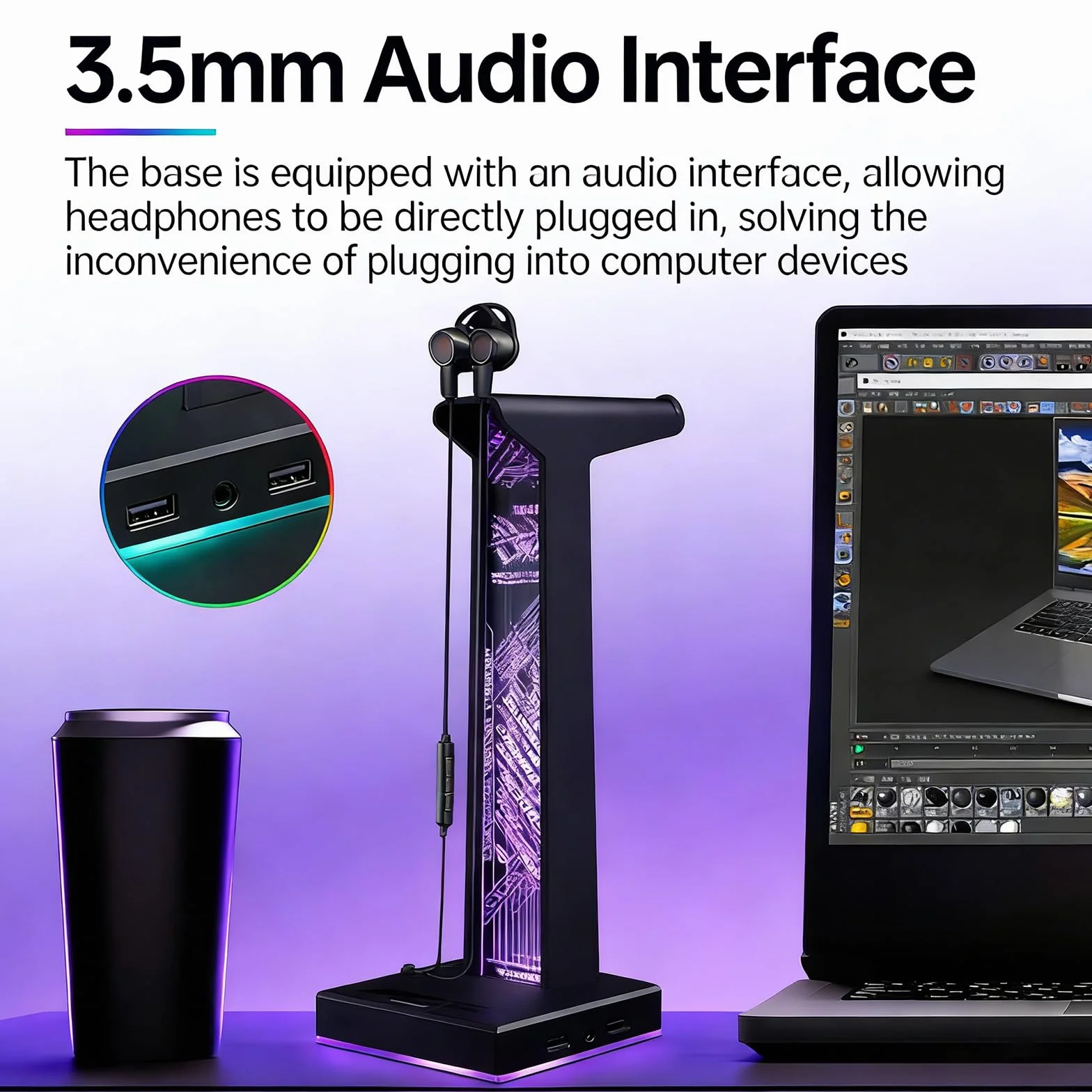 Stojak na słuchawki gamingowe z oświetleniem RGB, uchwyt na słuchawki LED z 2 portami USB i portami audio 3,5 mm, 10 trybów świecenia do wszystkich słuchawek