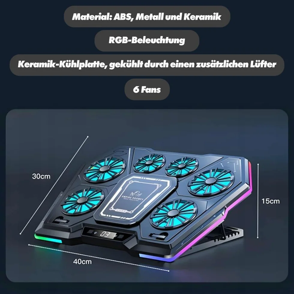 EXG D13 podkładka chłodząca do laptopa – podkładka chłodząca do notebooka z 6 wentylatorami, oświetlenie RGB, 8-stopniowe nachylenie, zasilanie przez USB lub zasilacz, ciche chłodzenie do laptopów 13