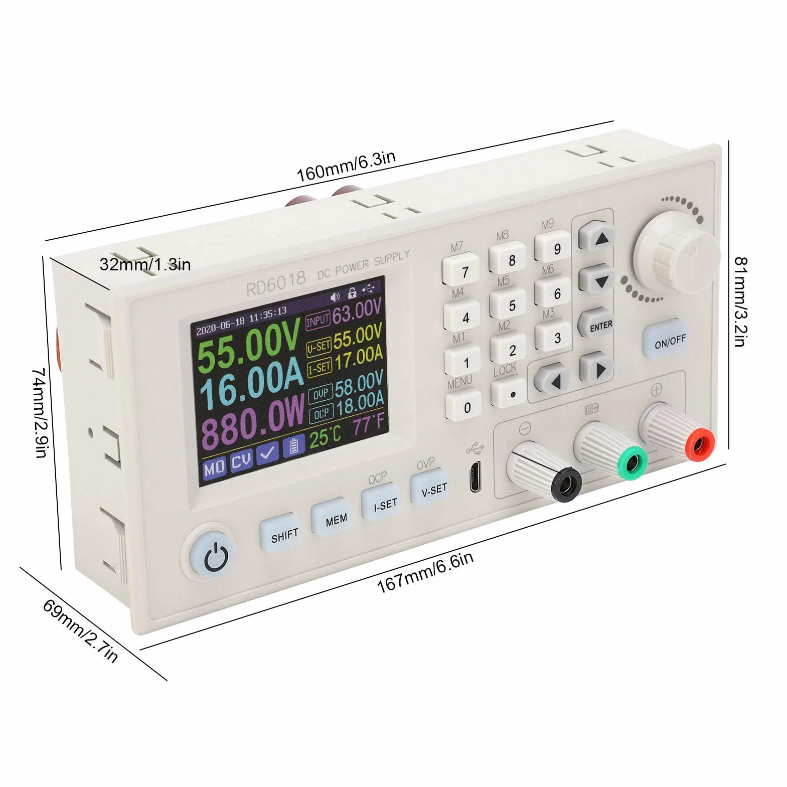 Zunate Regulowana Przetwornica Boost 1080 W DC-DC |Regulator Obniżający Napięcie 6–70 V do 0–60 V z Wi-Fi, Wyświetlacz LCD RD6018W (RD6018-W)