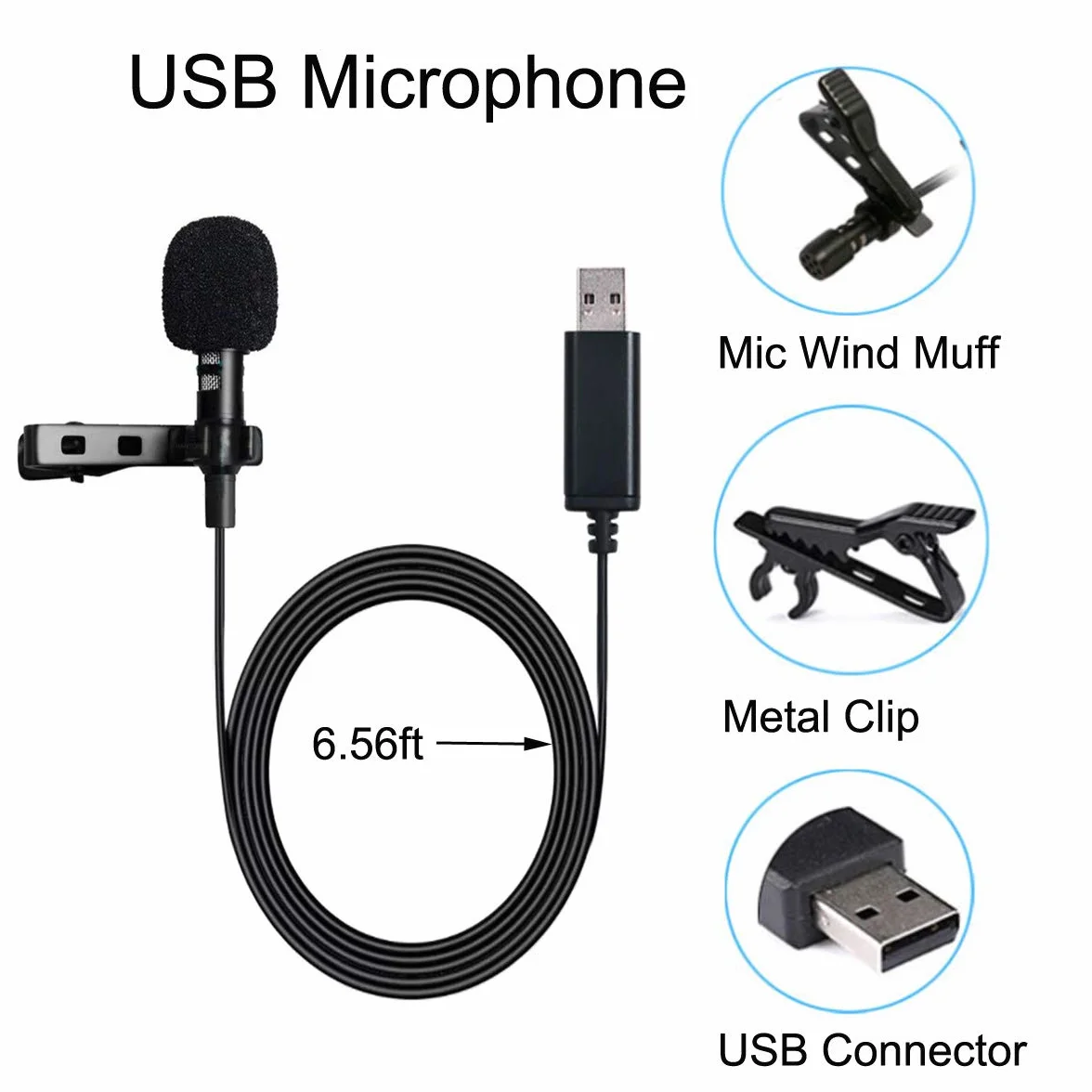 Mikrofon USB Lavalier Clip On z kablem 2 m do laptopa, nagrywania audio-wideo