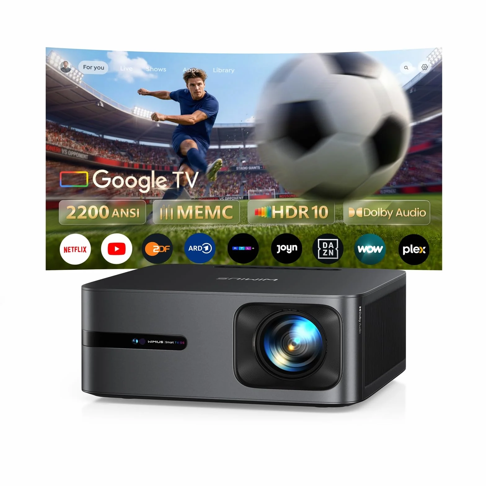 Projektor 4K | Jasność 2200 ANSI |Google TV 14.0 Zintegrowany | Dolby Audio 40W | Projektor natywny FHD 1080P, automatyczne ustawianie ostrości i kalibracja AI, 2+32 GB, HDMI 2.1, MEMC HDR10 do kina