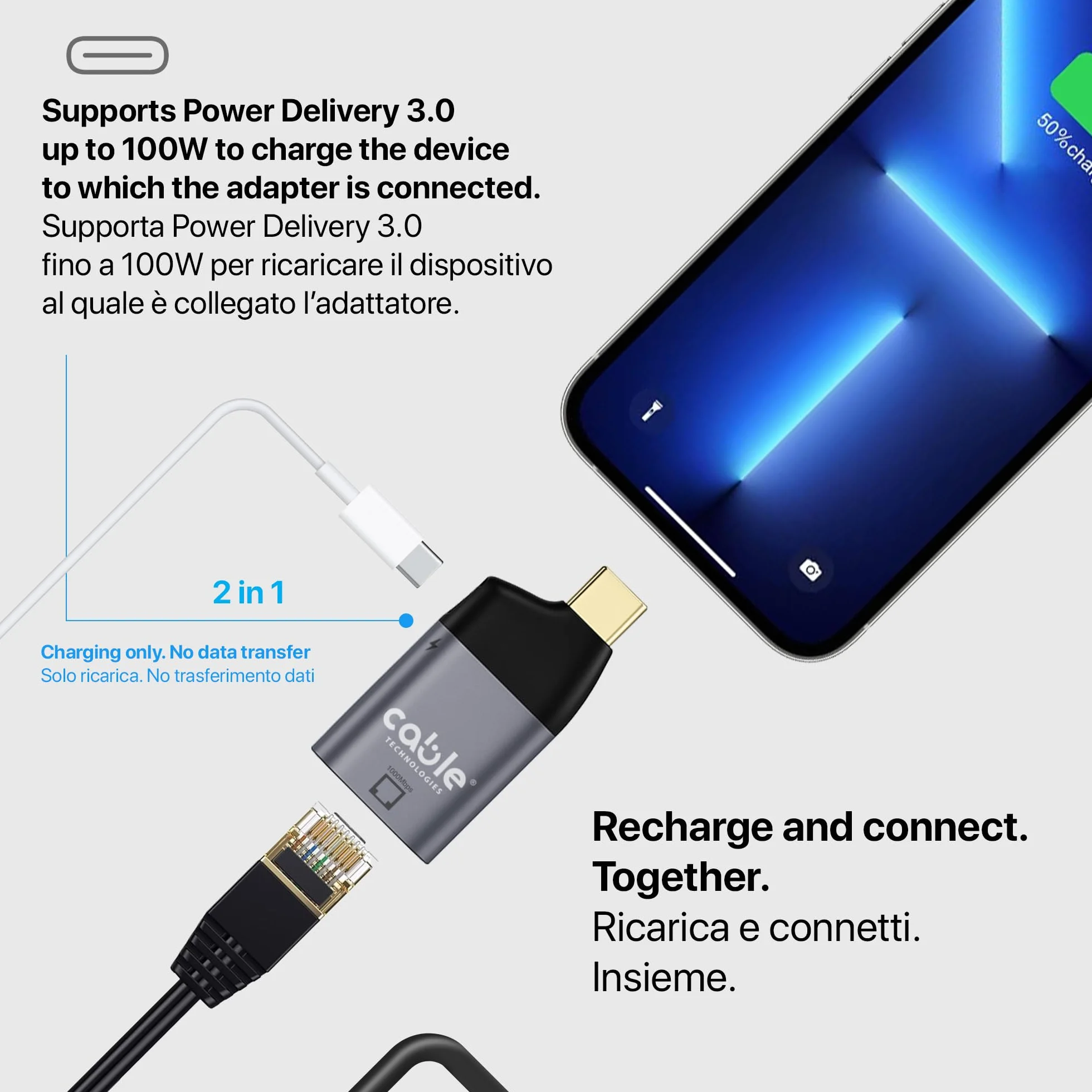 Adapter USB C męski na żeński RJ45 LAN + żeński port USB C 100 W PD | Aluminiowy konwerter LAN kompatybilny z Thunderbolt 3/4, iPhone, Macbook, iPad, Samsung, Windows PC, Laptop, ec