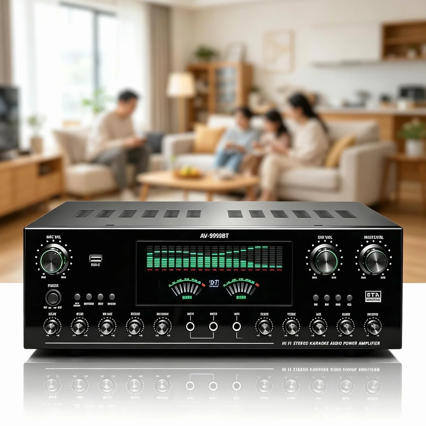 Domowy odbiornik audio 1800 W, 7,1-kanałowy wzmacniacz audio stereo, regulowana głośność, wejście optyczne/koncentryczne, wejście USB, wejścia mikrofonowe/amplituner, z pilotem zdalnego
