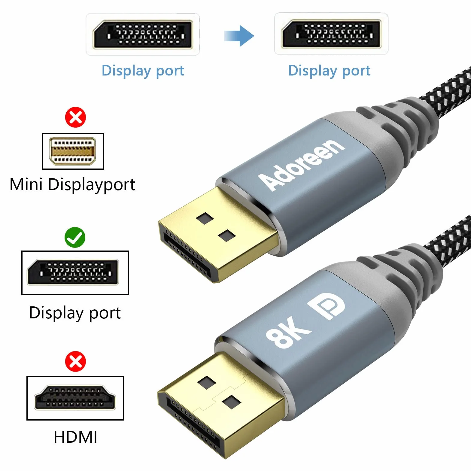 Kabel 8K DisplayPort 1.4, 30 m, kabel Adoreen DP od 1,5 do 90 m, 8K przy 60 Hz, 4K 144 Hz, 1080P przy 240 Hz, 2K, 32,4 Gb/s, HBR3 HDCP HDR, FreeSync G-Sync, pleciony port wyświetlacza do monitora 3090