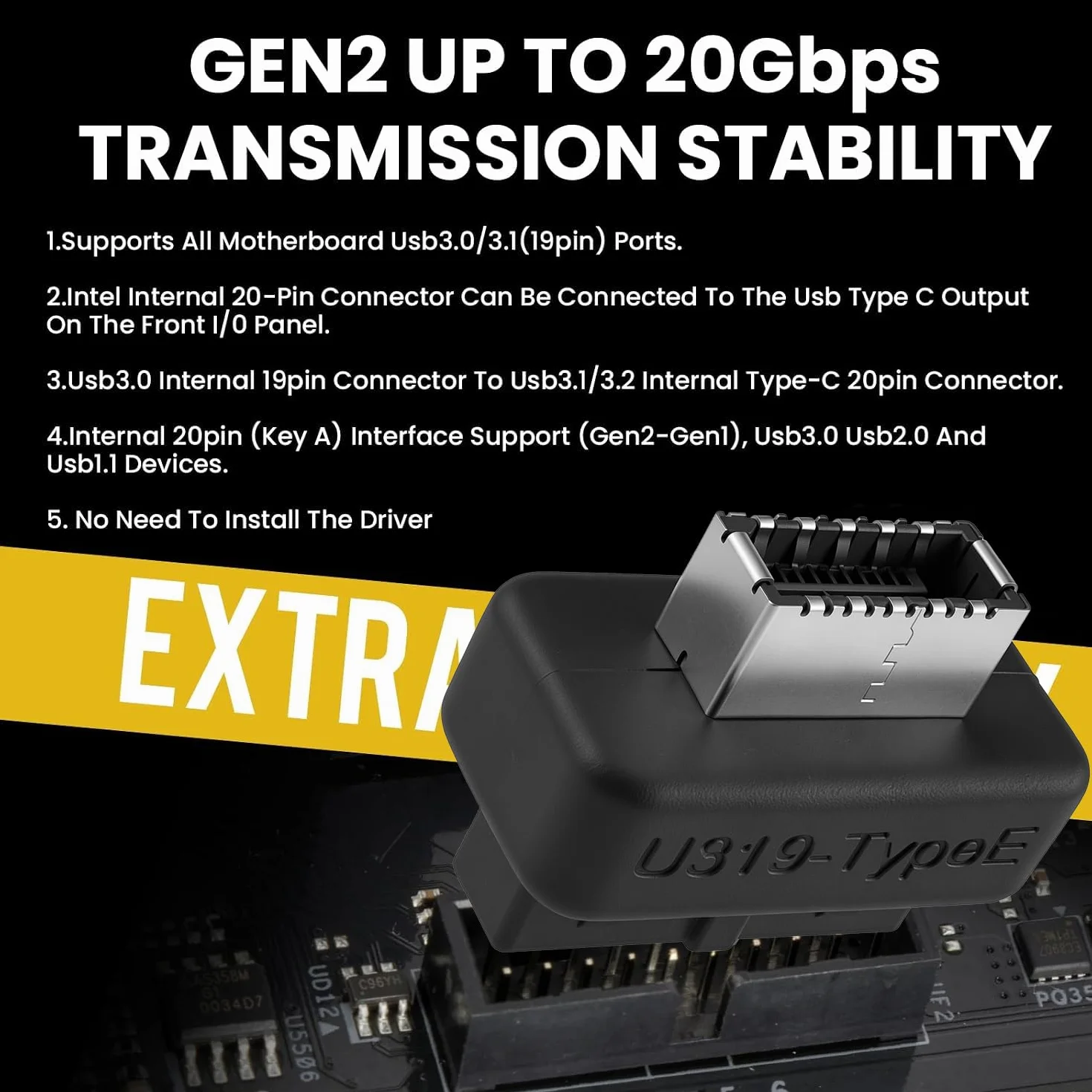 Adapter USB 3.2 Gen 1 na USB 3.2 Gen 2, wewnętrzny pionowy adapter USB na panel przedni do płyty głównej PC 19-pinowy USB 3.0 na typ E/USB C (2 szt.)