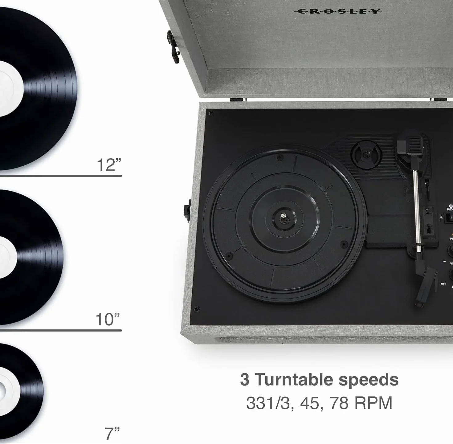 Crosley Voyager gramofon z 2 głośnikami, Bluetooth In&Out i AUX - 3-biegowy odtwarzacz Vintage - do płyt winylowych 7", 10" i 12" - przenośny z wbudowaną obudową (szary)