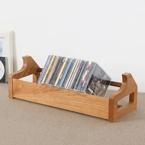 Kompaktowy stojak do przechowywania płyt CD z litego drewna, na płyty DVD, drewniane etui na klejnoty, stojak do gier wideo i płyt CD, 49 x 18,8 x 15,6 cm (wiśniowe wykończenie)