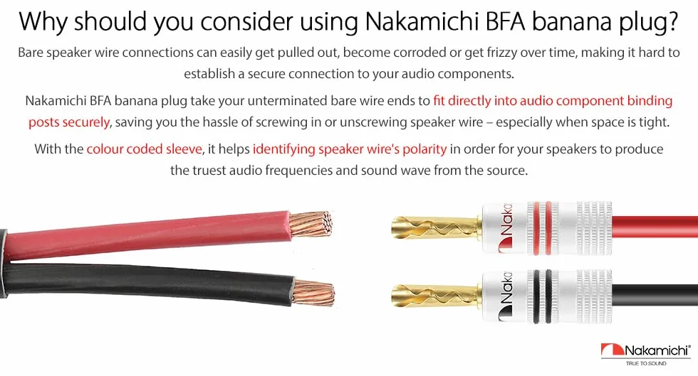 Nakamichi Excel Series 24K pozłacany wtyk bananowy 12-18 AWG Rozmiar miernika 4mm do głośników Wzmacniacz HiFi Odbiornik AV Stereo Kino domowe Złącze Audio (16 Szt., Wtyki bananowe BFA)
